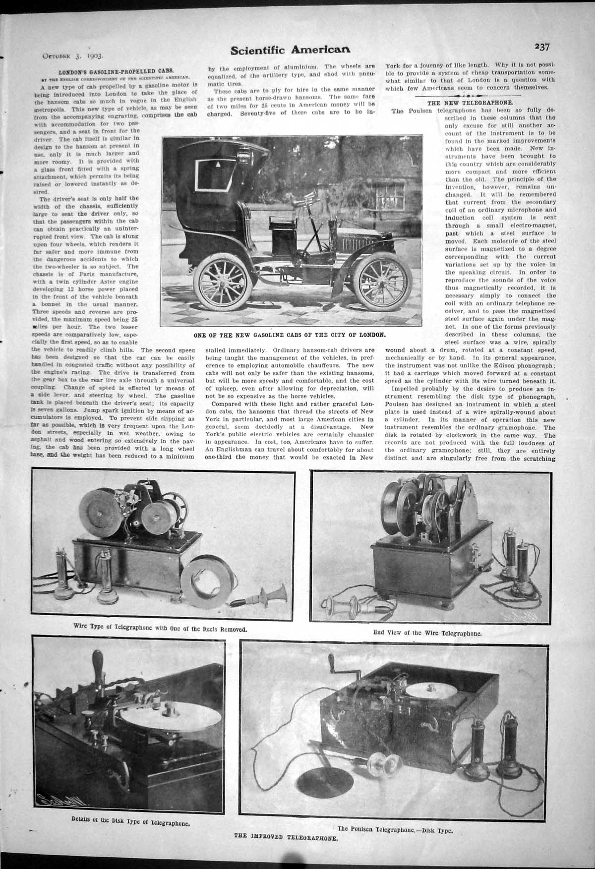 Old 1903 Scientific American Improved Wire Telegraphone Gasoline Cabs 20th