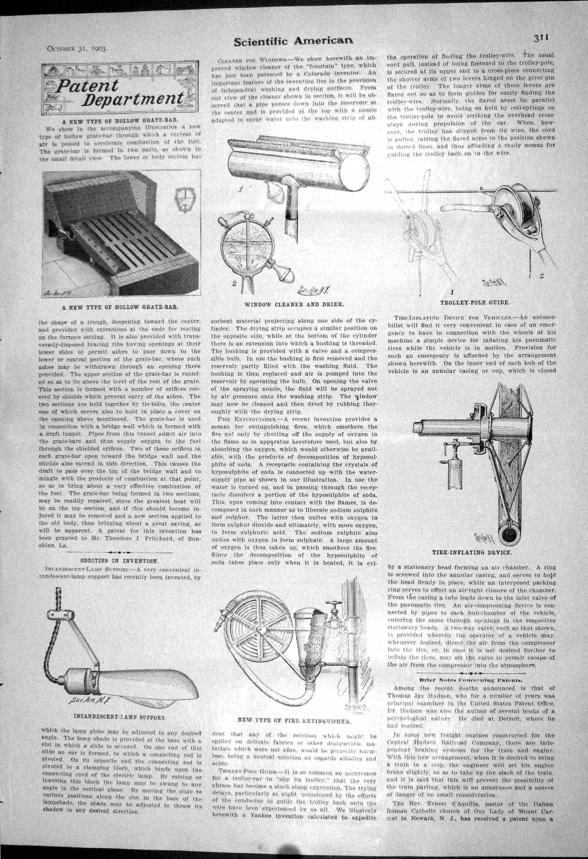 Old 1903 Scientific American Patens Hollow Grate-Bar Fire Extinguishe 20th