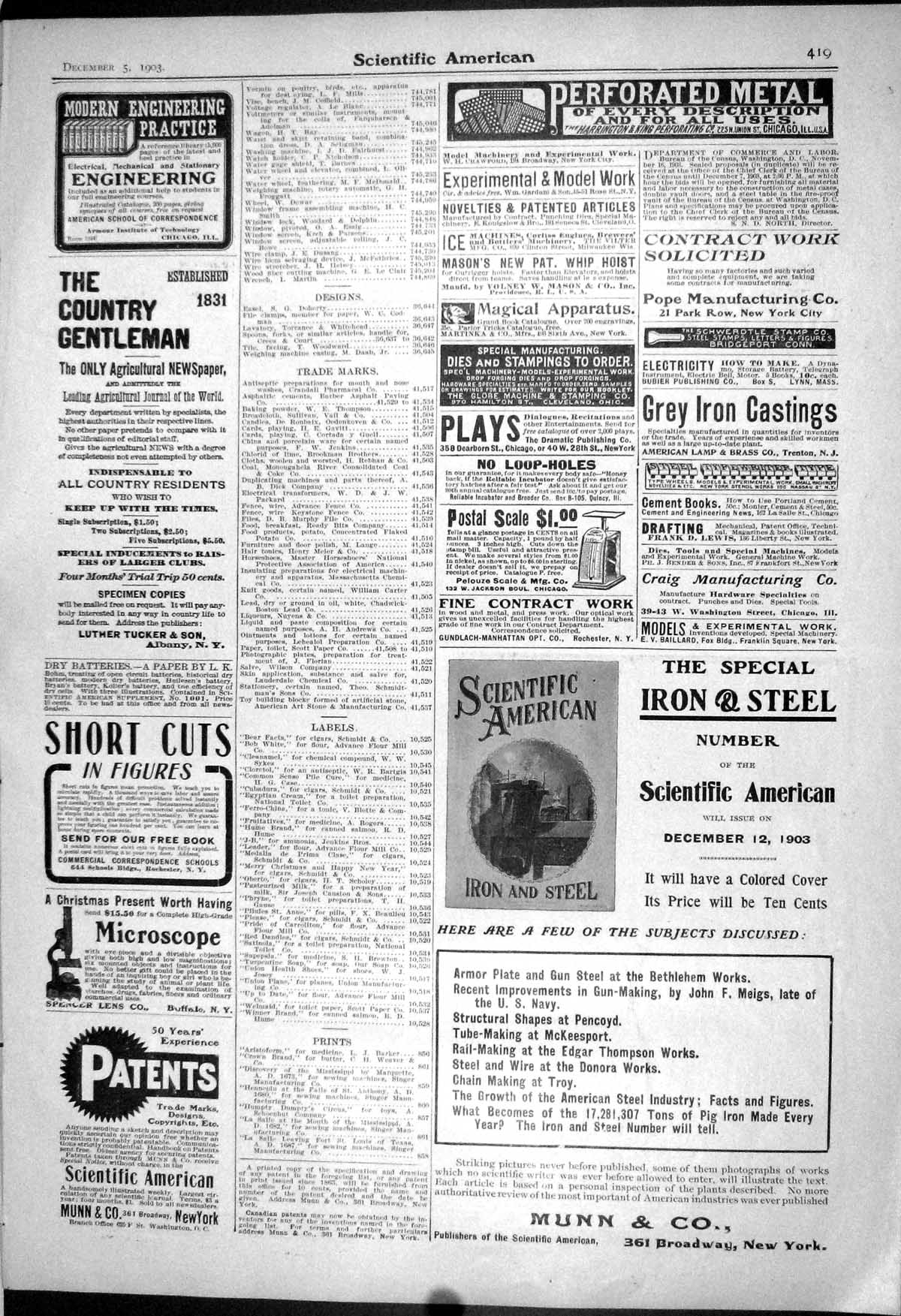 Old 1903 Scientific American Advertisement Munn Iron Steel Stevens Wi 20th