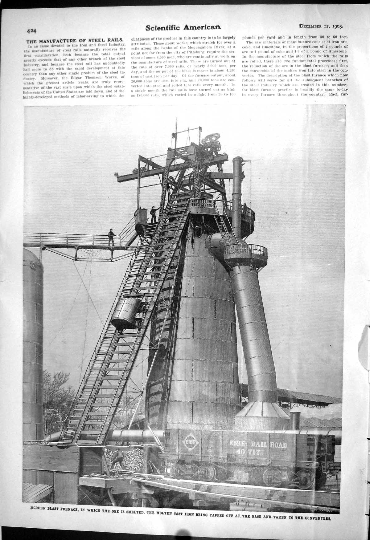 Old 1903 Scientific American Modern Blast Furnace Smelted Ore Molten 20th