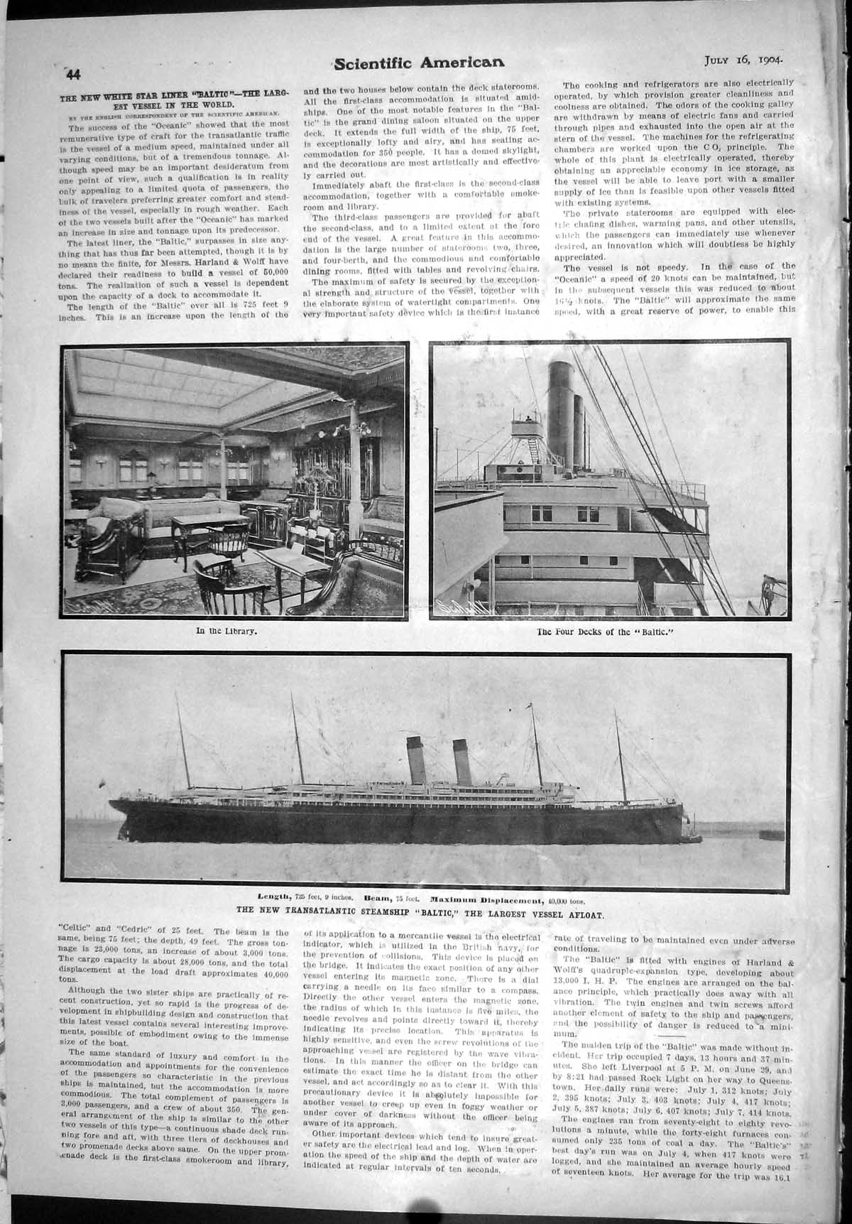 Old Scientific American 1904 Transatlantic Steamship Baltic Largest V 20th