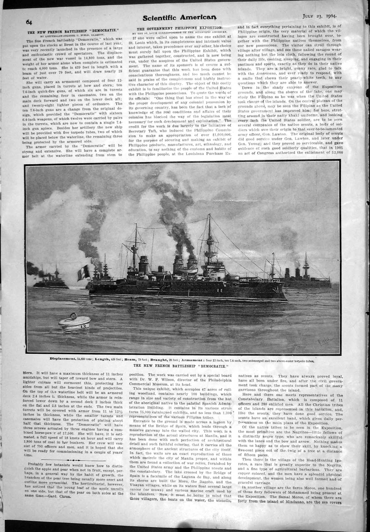 Old Scientific American 1904 French Battleship Democratie Field Glasg 20th