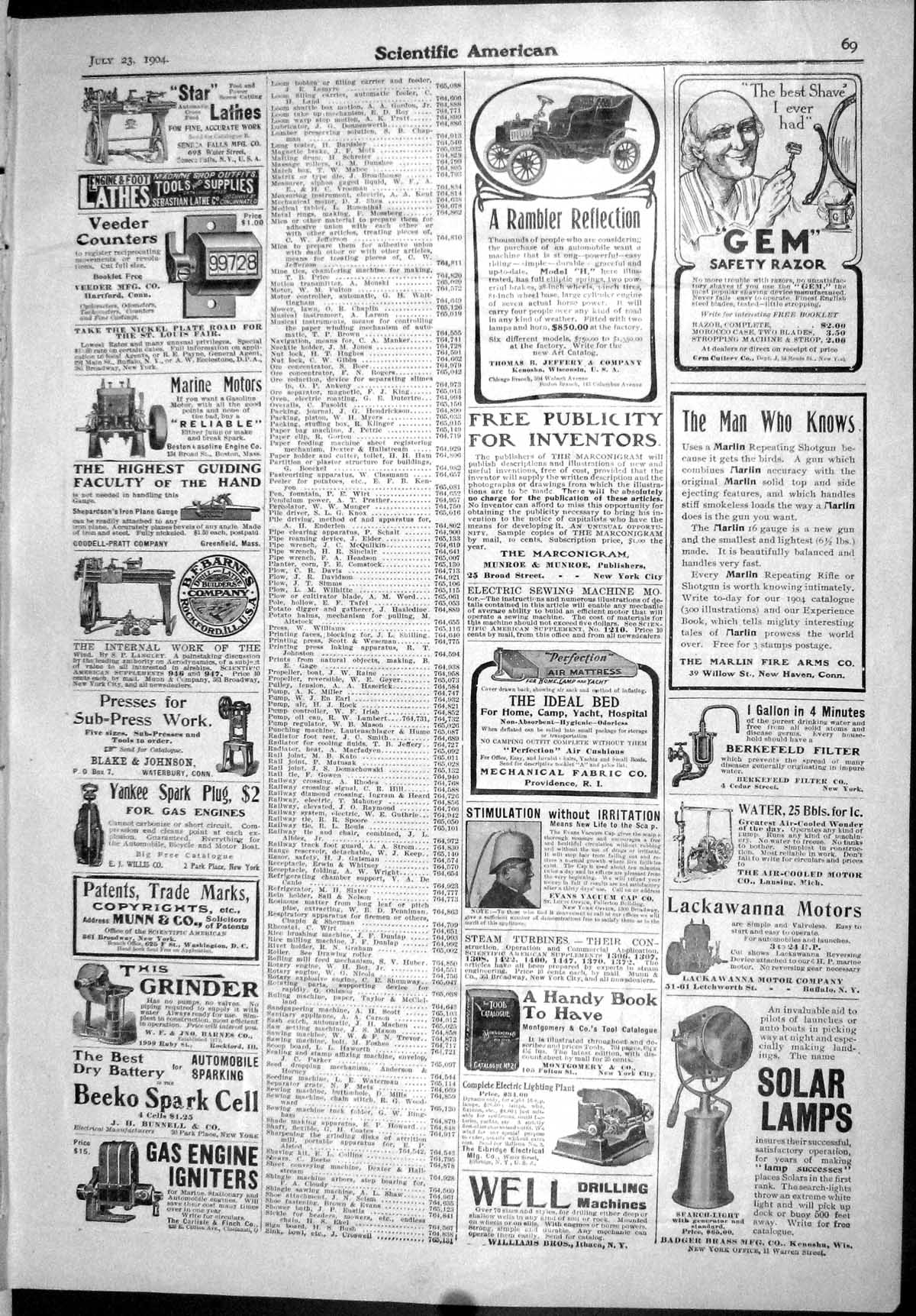 Old Scientific American 1904 Solar Lamps Razor Beeko Cell Elgin Watch 20th
