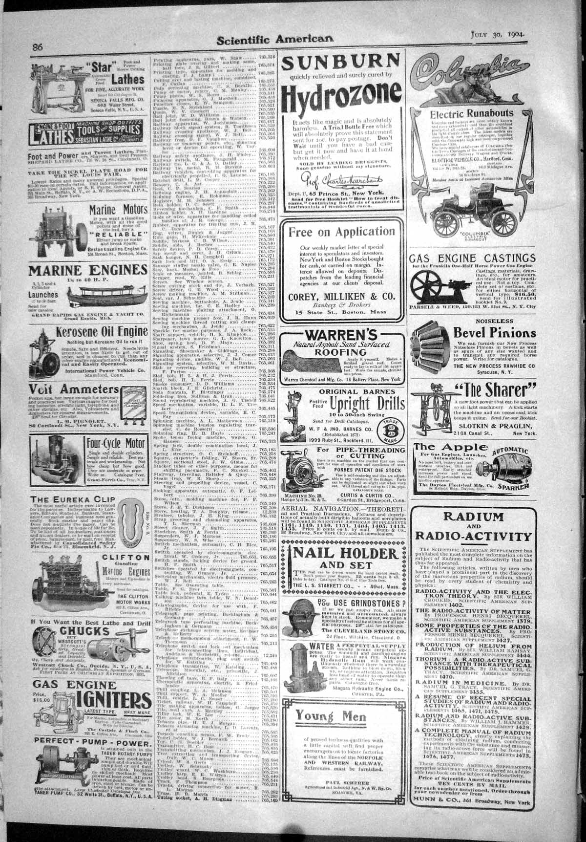 Old Scientific American 1904 Sunburn Hydrozone Gas Engine Star Lathes 20th