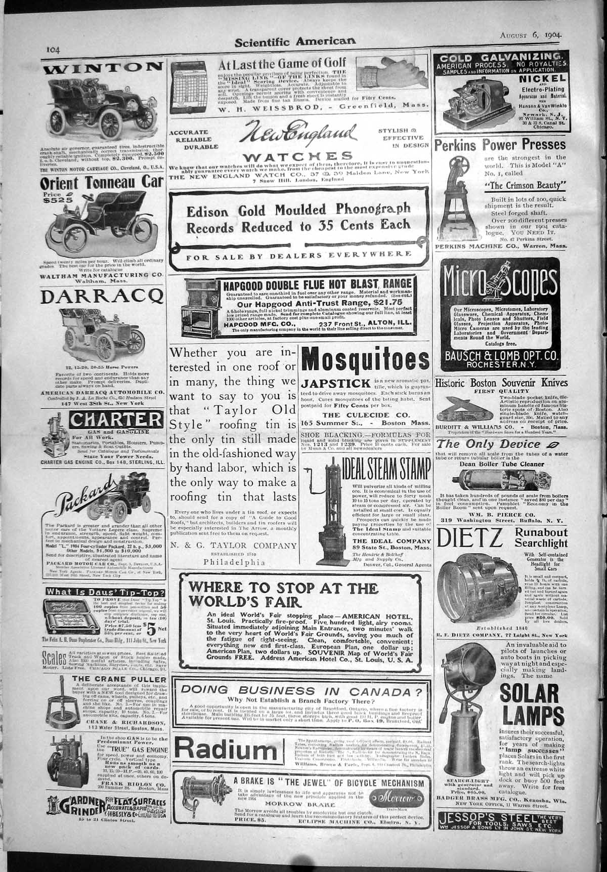 Old Scientific American 1904 Solar Lamps Winton Car Typewriter Elgin 20th