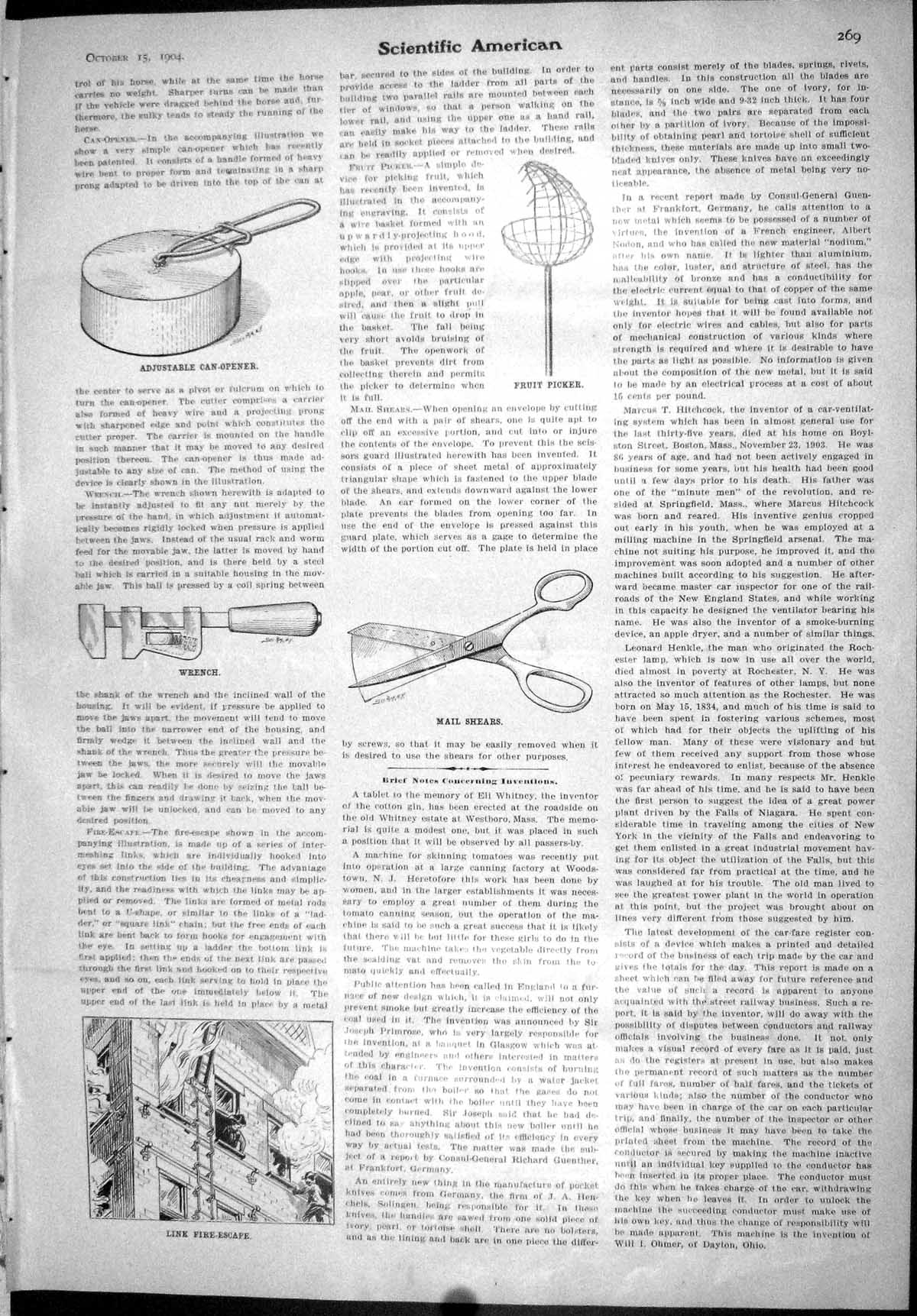 Old Scientific American 1904 Adjustable Can-Opener Fruit Picker Wrenc 20th