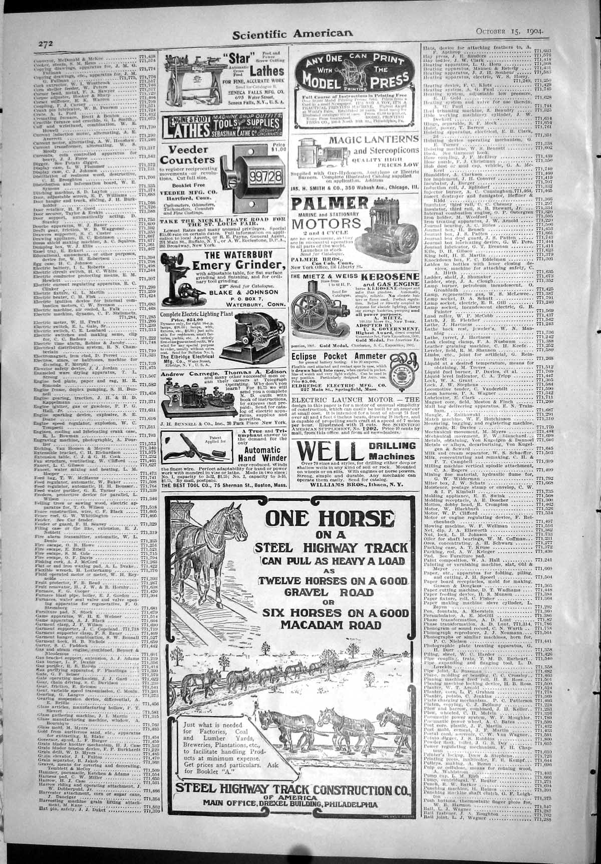 Old Scientific American 1904 Horse Steel Highway Track Palmer Motors 20th