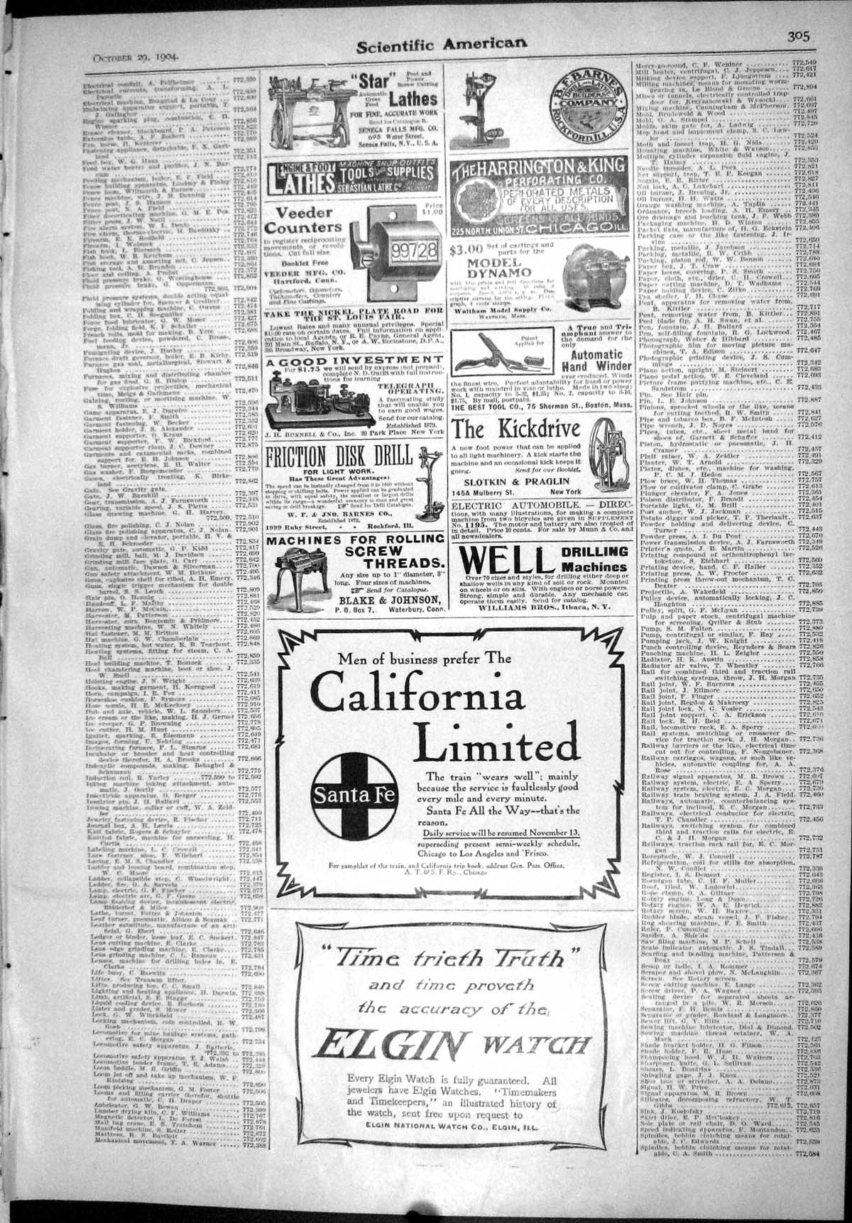 Old Scientific American 1904 Elgin Watch California Rambler Cars Ciga 20th