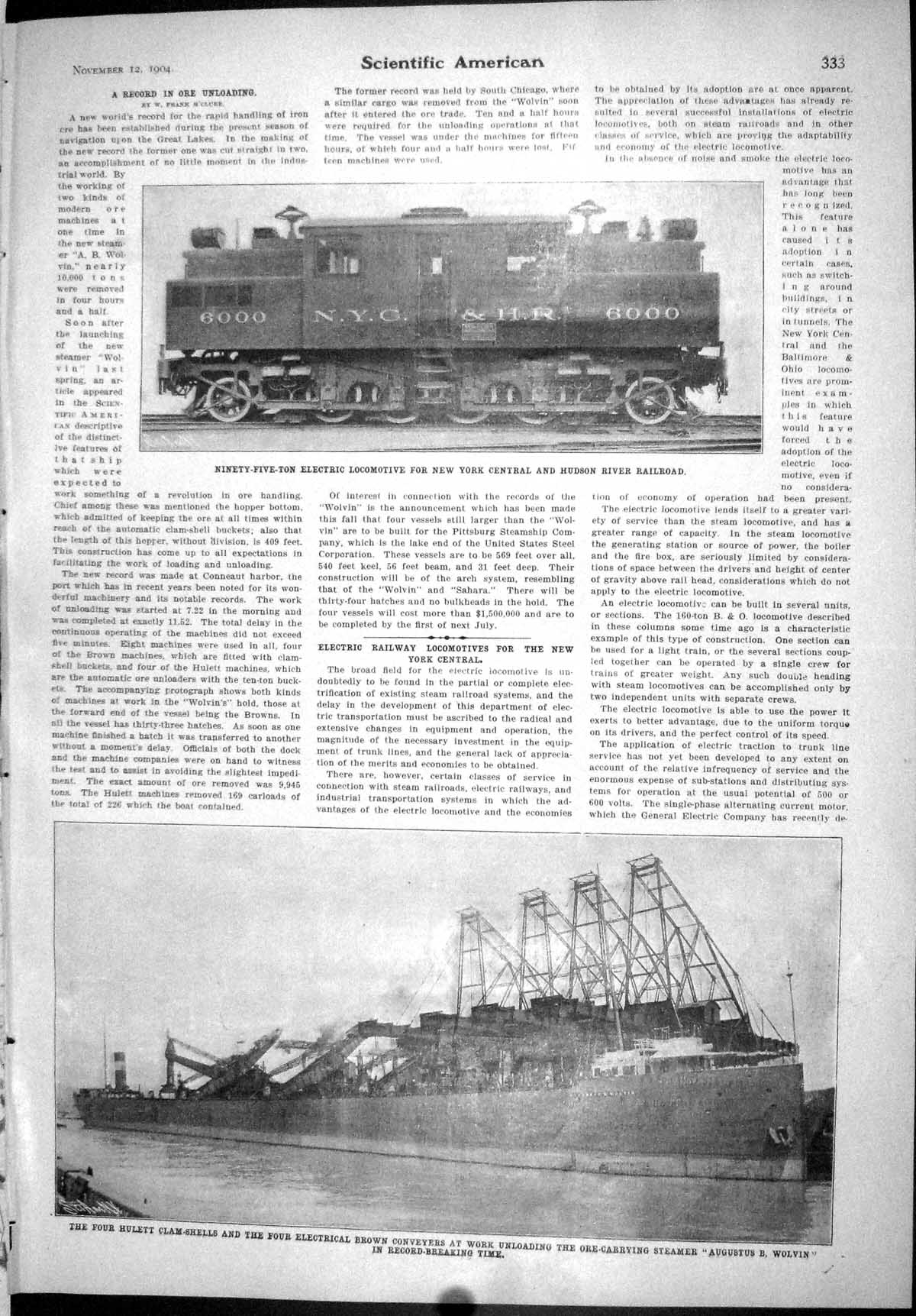 Old Scientific American 1904 Hulett Clam-Shells Ore-Carrying Steamer 20th