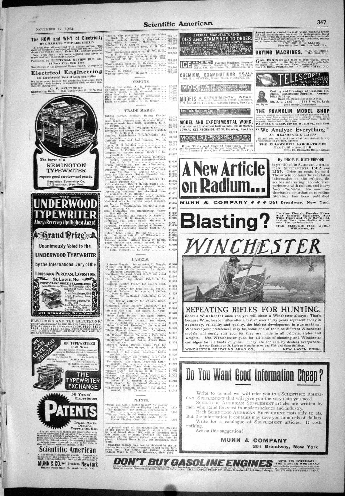 Old Scientific American 1904 Munn Winchester Typewriters Douglas Shoe 20th
