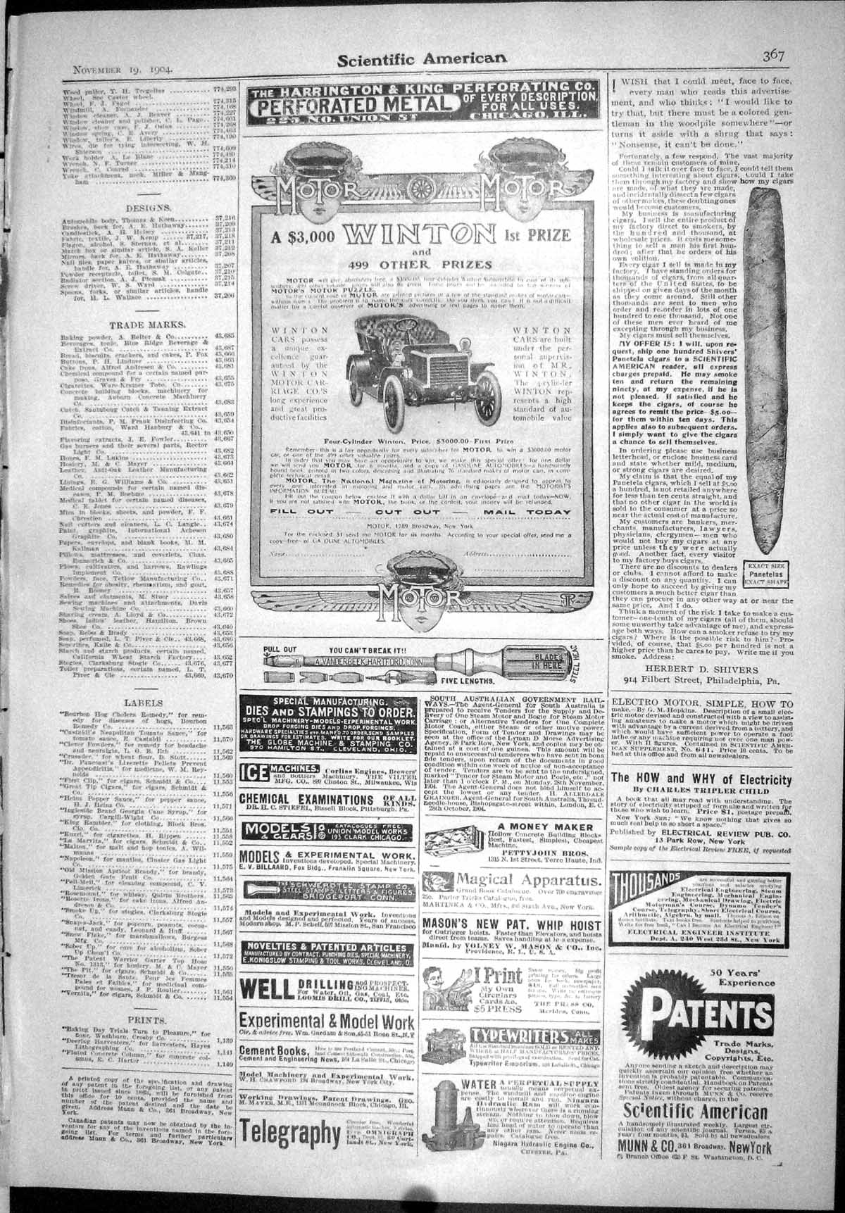 Antique Print Scientific American 1904 Winton Car Cadillac Lanterns Watches