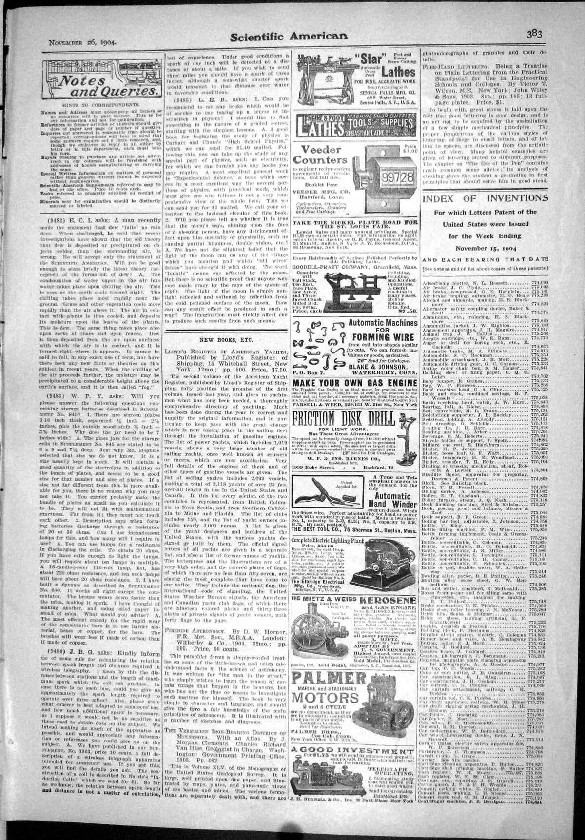 Old Scientific American 1904 Lathes Tools Palmer Motors Kerosene Munn 20th
