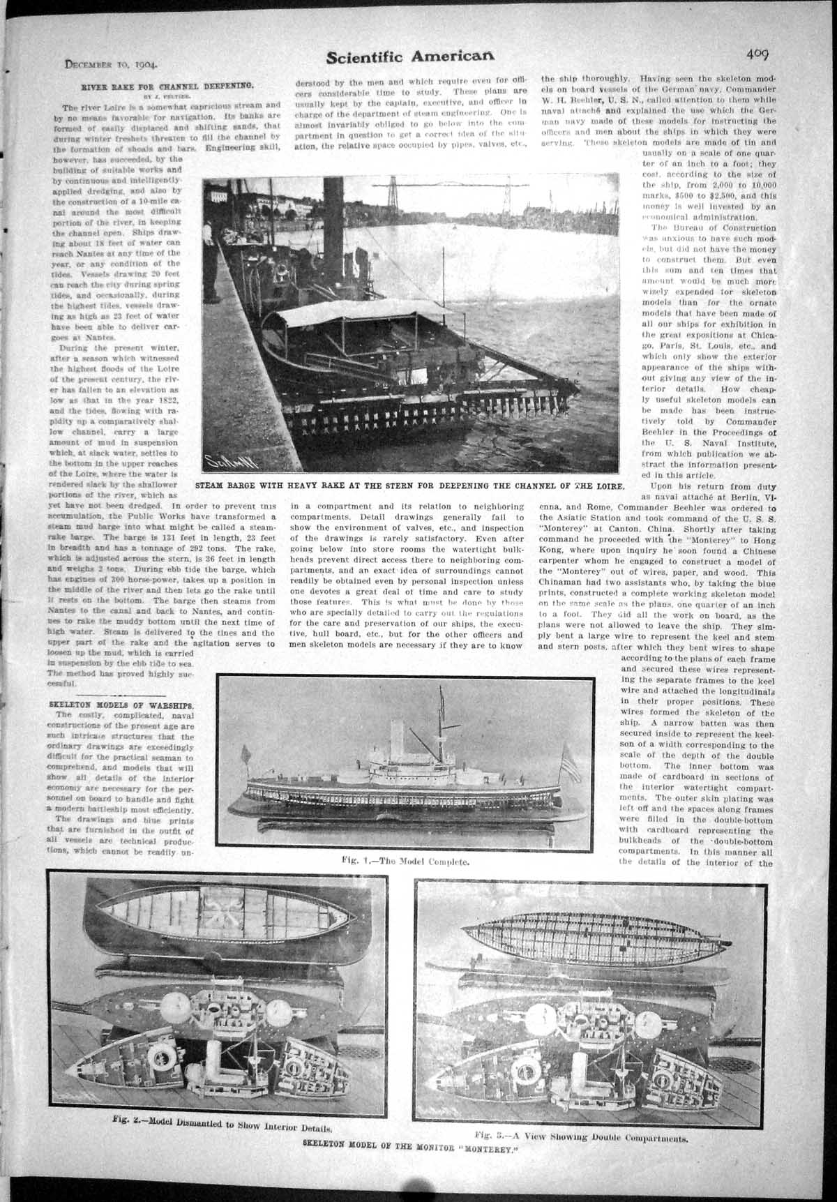 Old Scientific American 1904 Steam Barge Heavy Rake Channel Loire Mod 20th