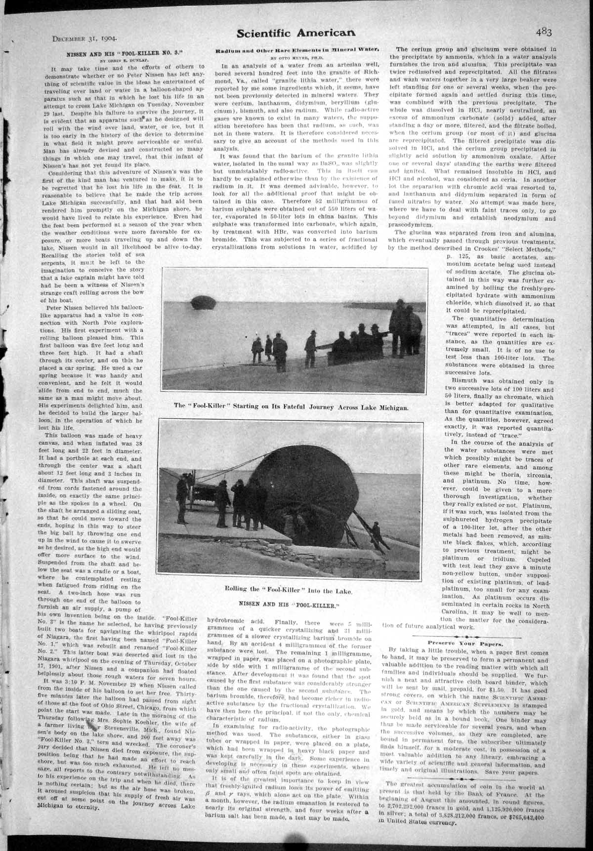 Old Scientific American 1904 Peter Nissen Fool-Killer Lake Michigan P 20th