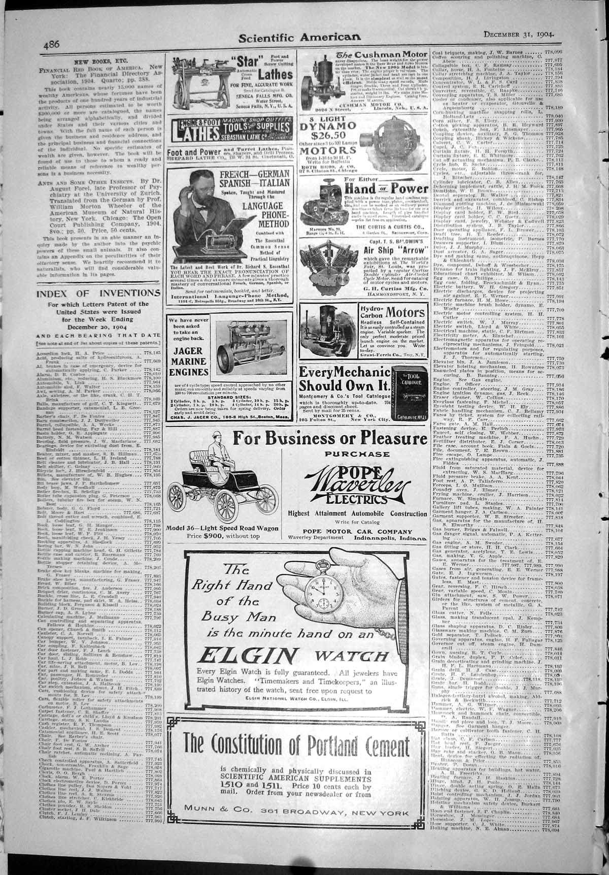 Old Scientific American 1904 Elgin Watch Pope Motor Car Lathes Index 20th