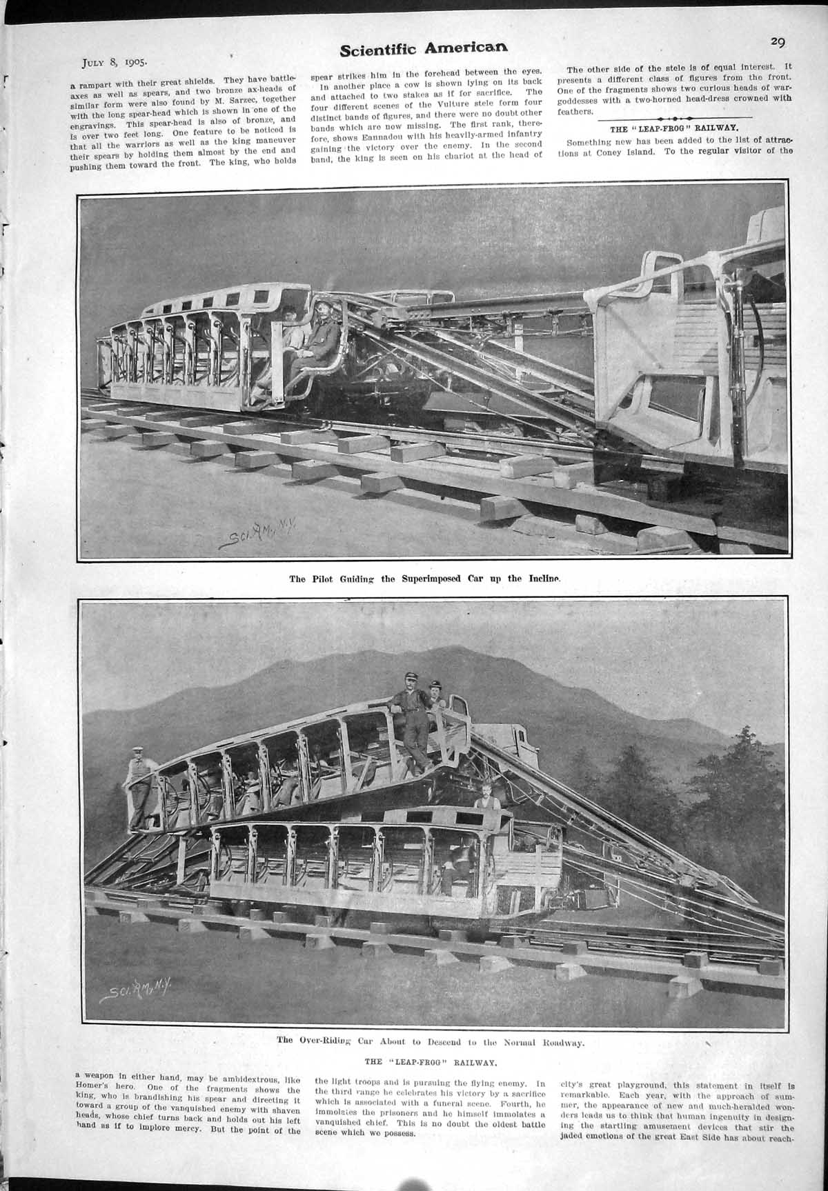 Old 1905 Scientific American Leap-Frog Railway Train Over-Riding Car 20th