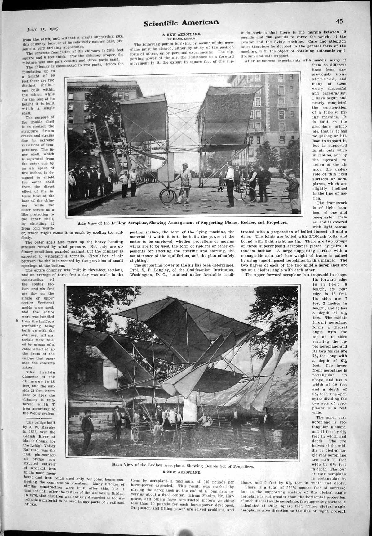 Old 1905 Scientific American View Ludlow Aeroplane Double Set Propell 20th