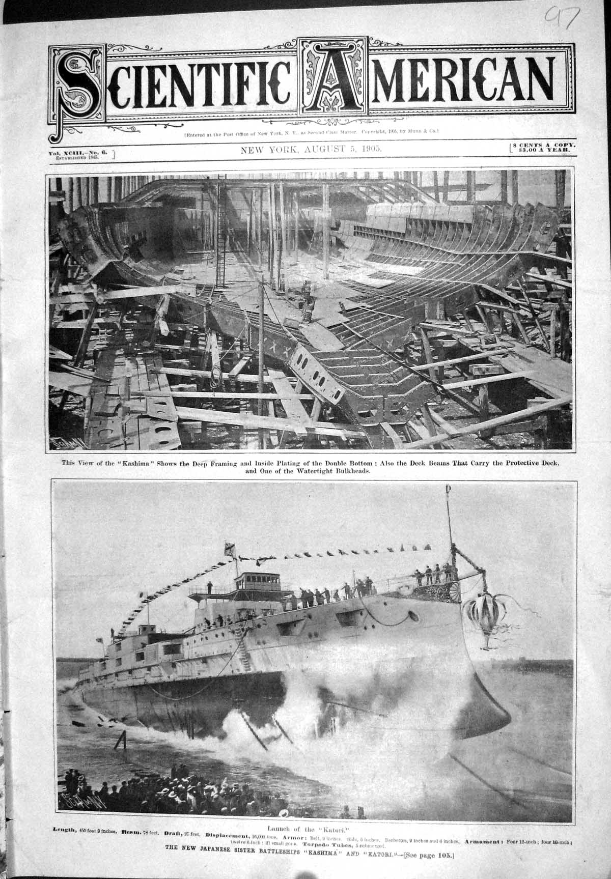 Old 1905 Scientific American Launch Japanese Sister Battle Ships Kash 20th