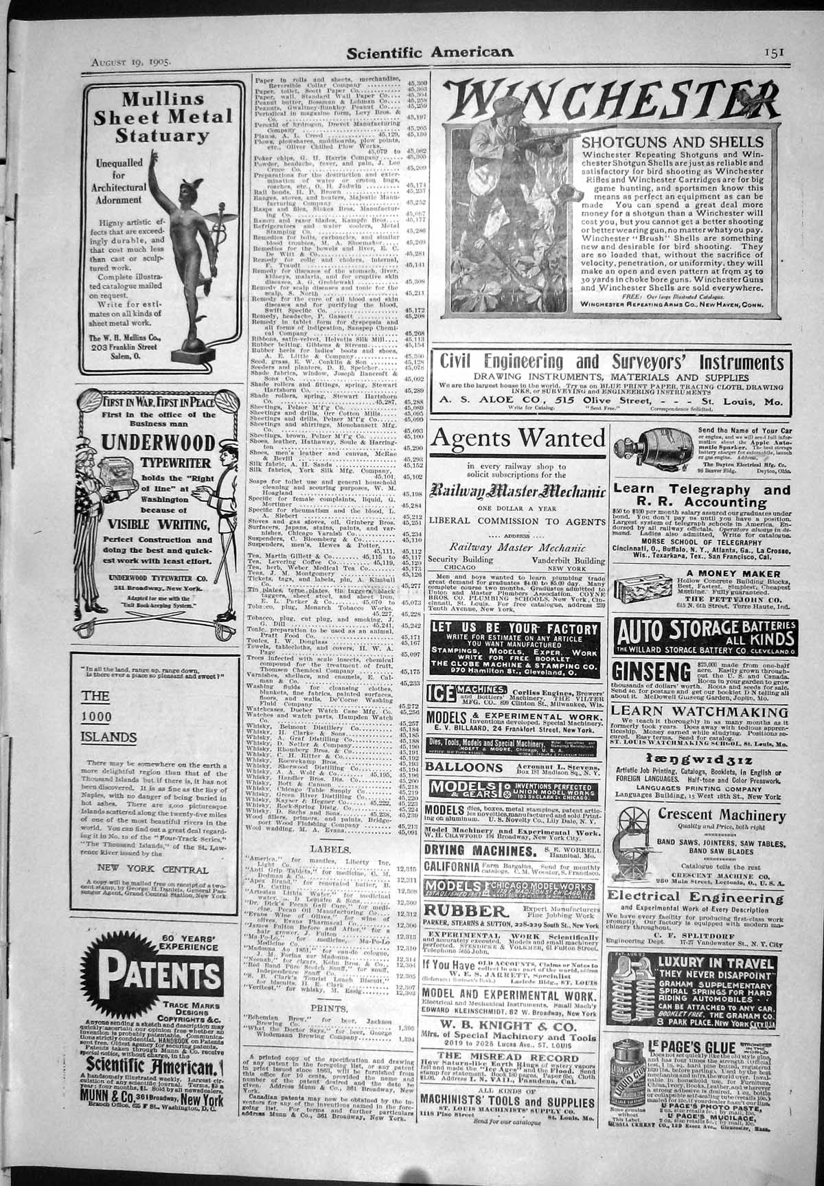 Old 1905 Scientific American Winchester Typewriter Franklin Car Jesso 20th