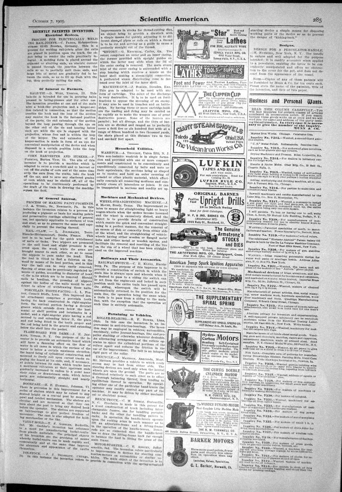 Old 1905 Scientific American Star Lathes Lufkin Barker Motors Munn Ha 20th