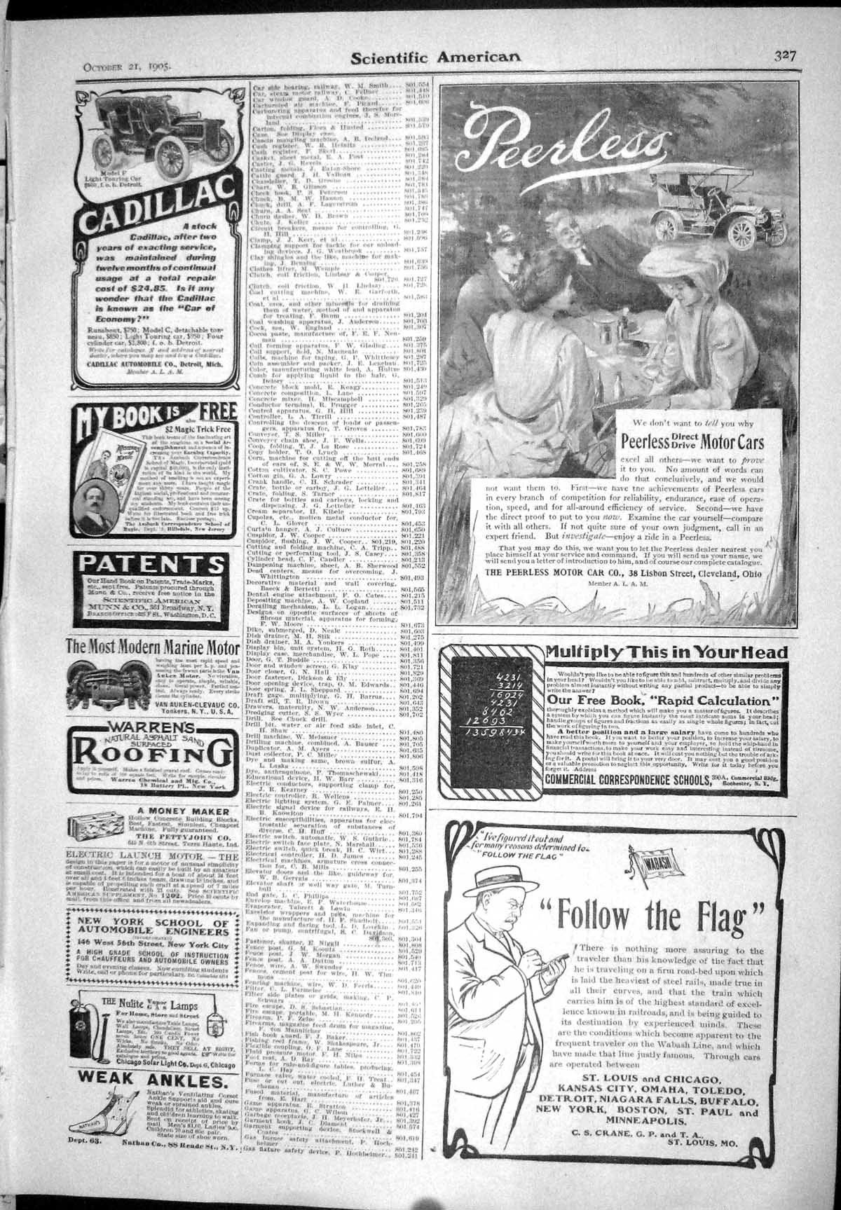 Old 1905 Scientific American Peerless Car Crane Flag Cadillac Arnica 20th