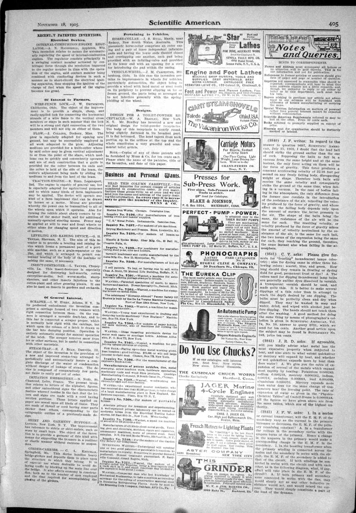 Old Print 1905 Scientific American Aster Pump Blake Lathes Devine Arnica 20th