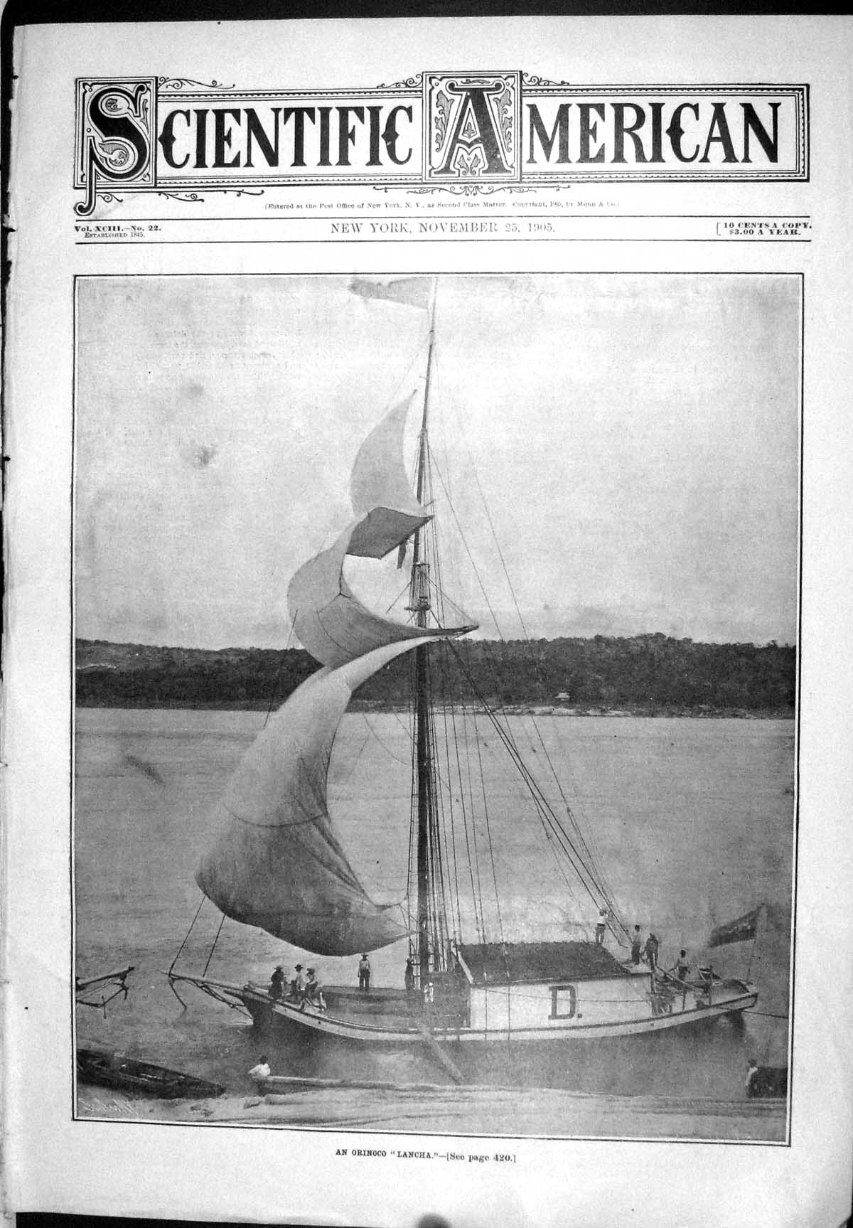 Old Print 1905 Scientific American Orinoco Lancha Sailing Boat Photograph 20th