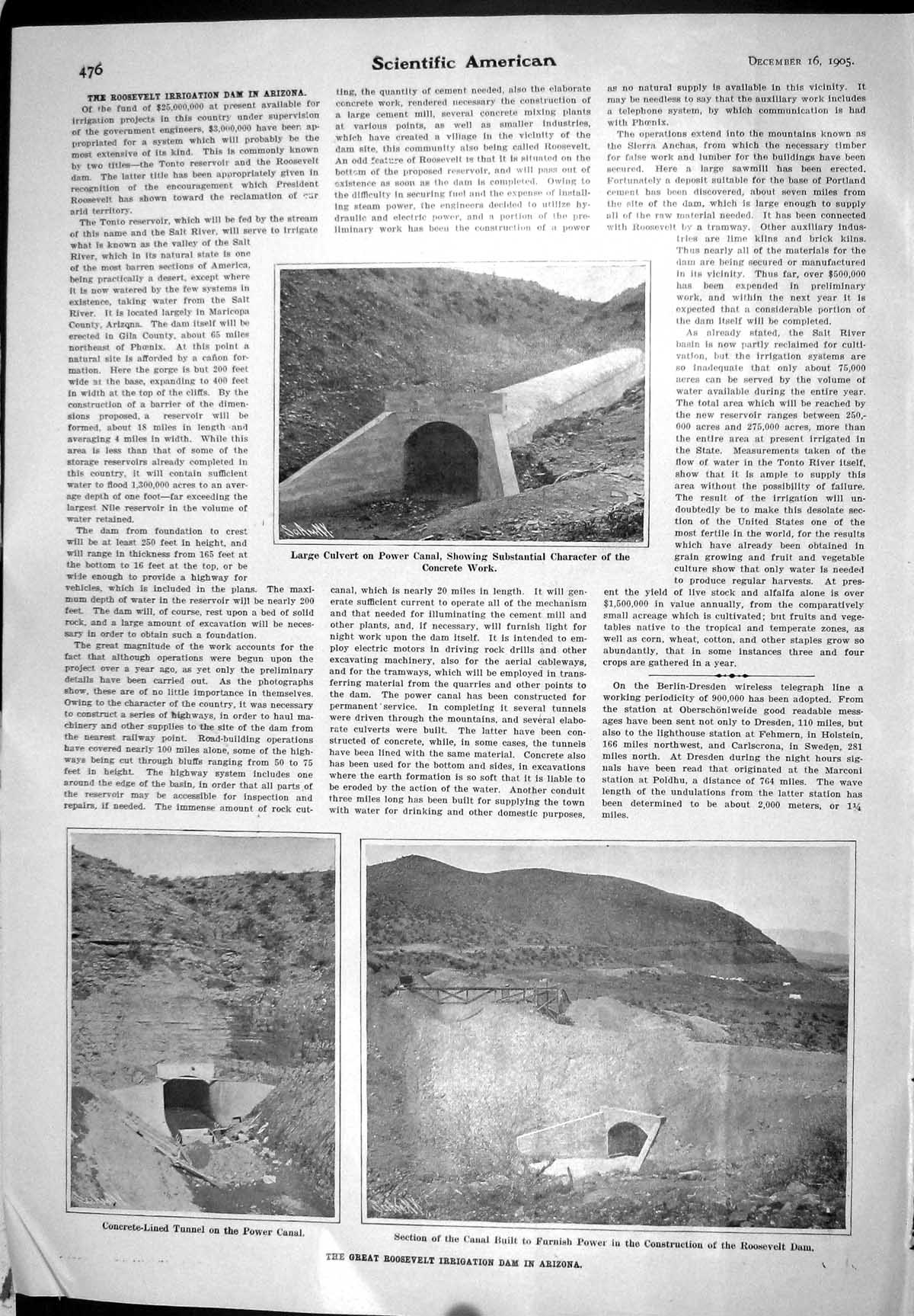 Old 1905 Scientific American Roosevelt Irrigation Dam Arizona Power C 20th