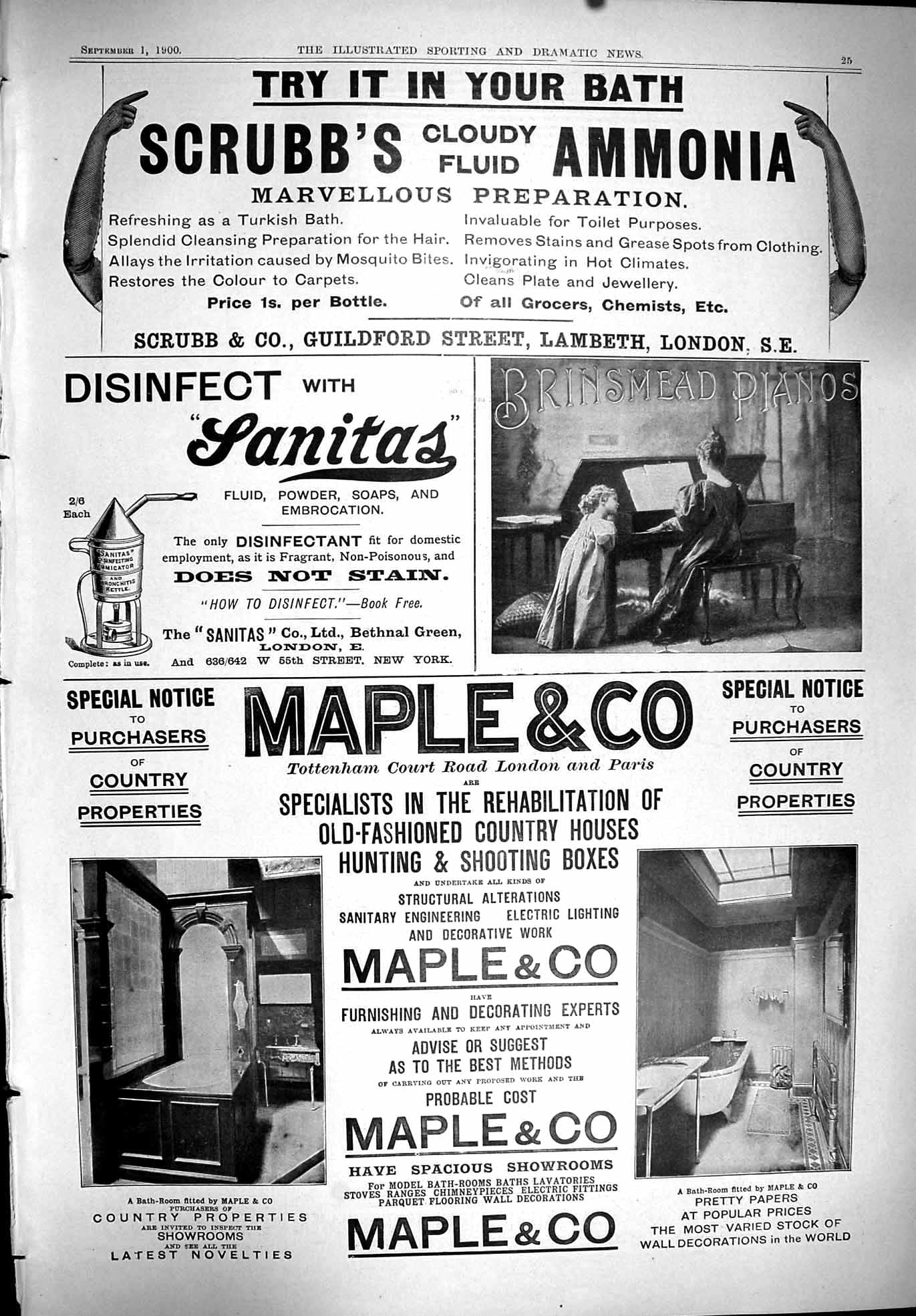 Old Print 1900 Scrubb'S Ammonia Sanitas Maple Furniture Brinsmead Pianos 20th