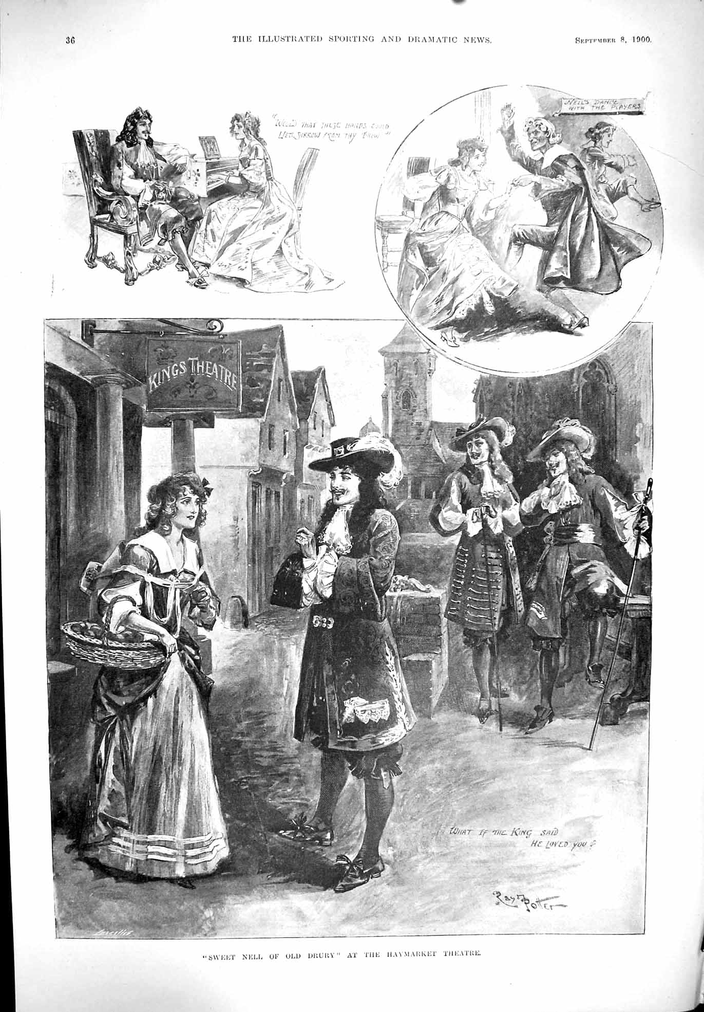 Antique Old Print 1900 Sweet Nell Drury Haymarket Theatre Actors Scene Potter