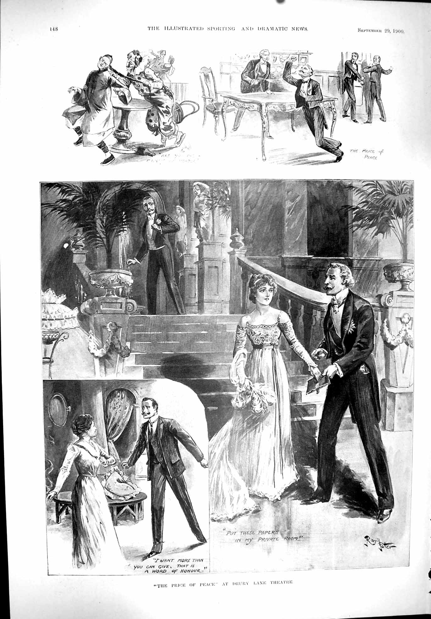 Antique Old Print 1900 Drury Lane Theatre Price Peace Actors Actresses Scenes
