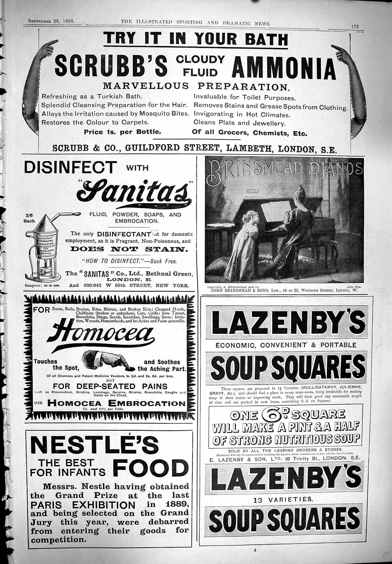 Old Print 1900 Scrubb'S Ammonia Lazenby Soup Squares Homocea Nestle Food 20th