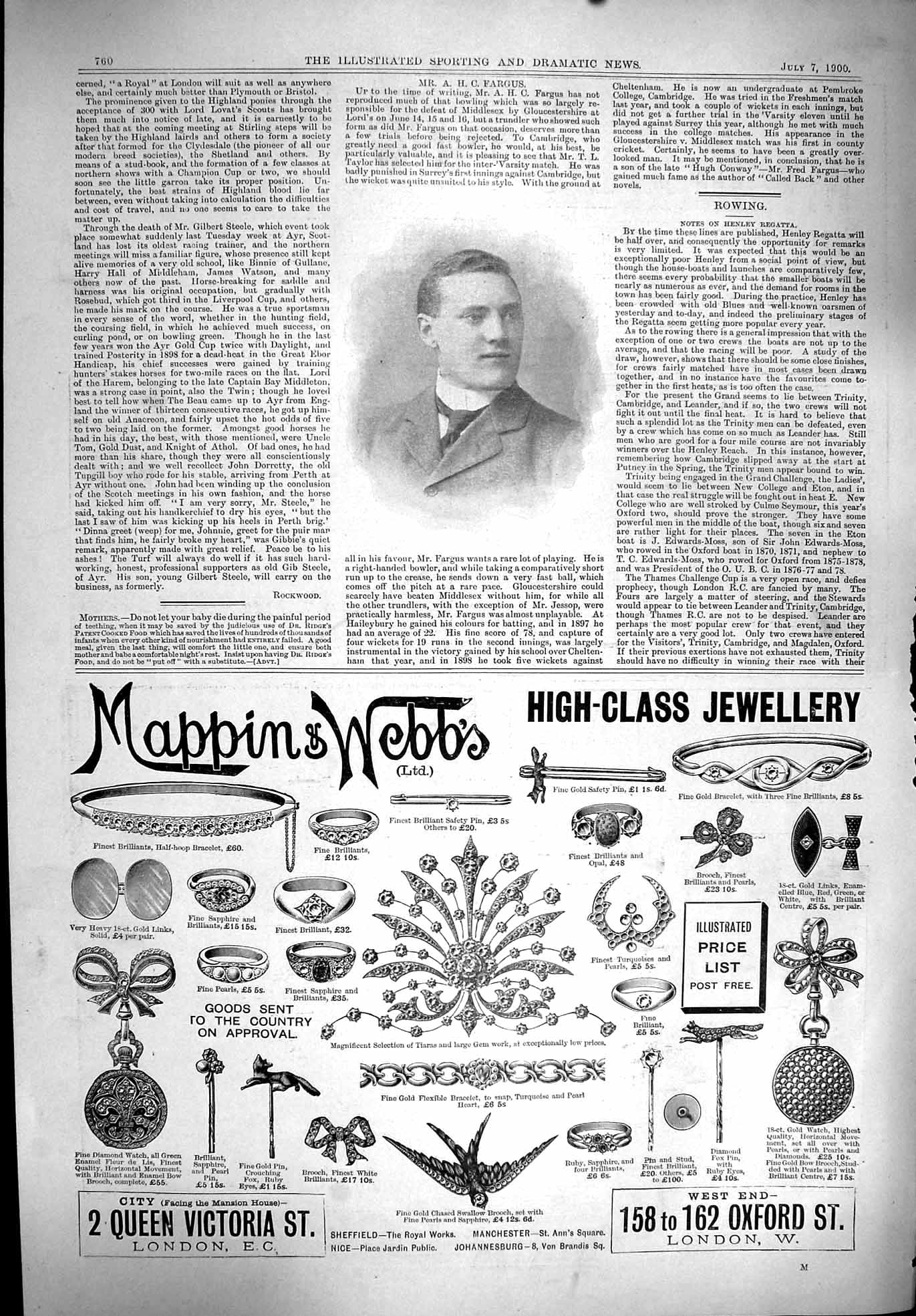 Antique Print 1900 Sport Fargus Cricket Advertisement Mappin Webb Jewellery