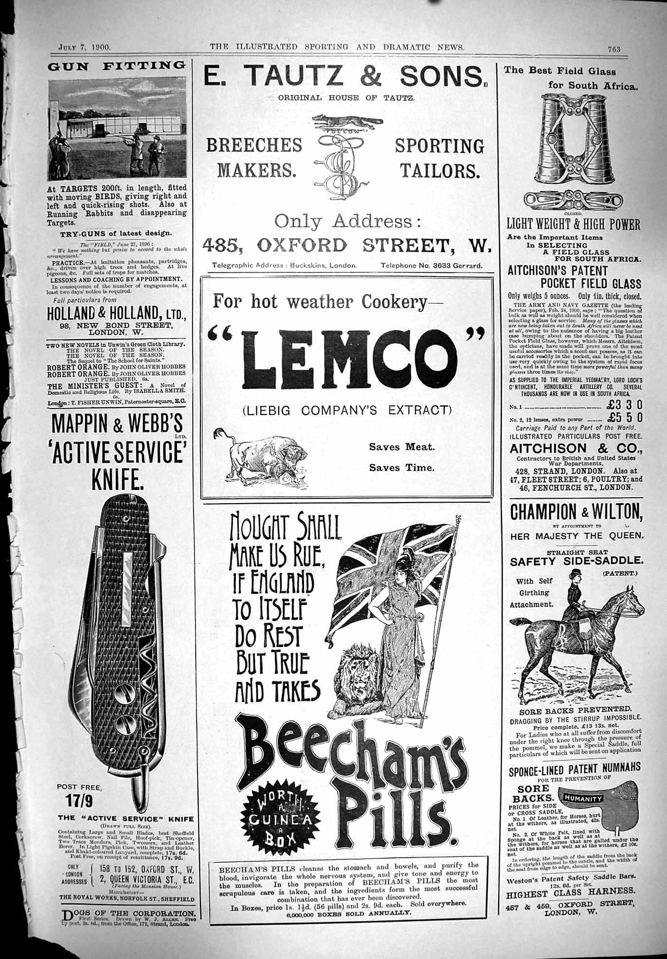 Antique Old Print 1900 Lemco Beechams Pills Mappin Webb Field Glass Holland