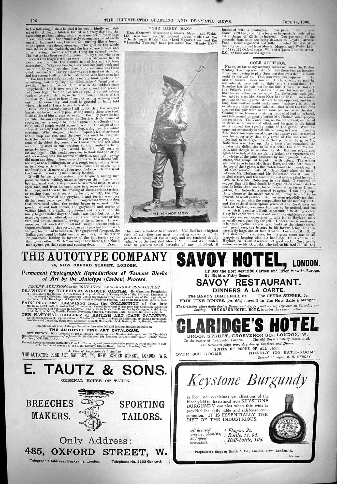 Old Print 1900 Handy Man Statue Mappin Webb Savoy Hotel Keystone Burgundy 20th