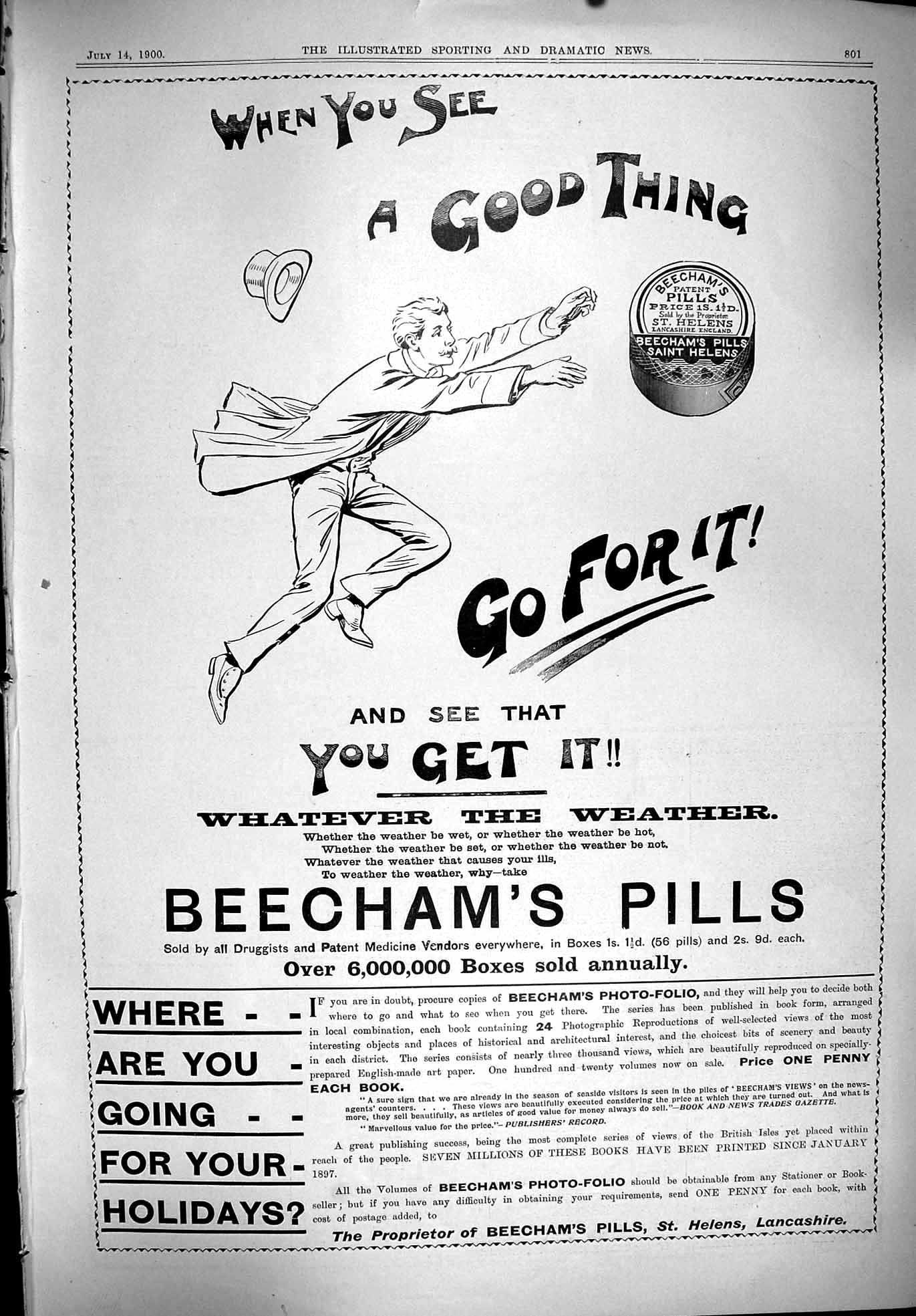 Old 1900 Advertisement Beechams Pills St. Helens Lancashire Medicine Victorian