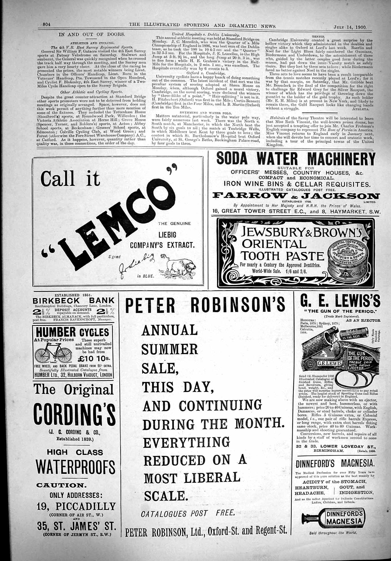 Old Print 1900 Lemco Liebig Humber Cycles Soda Water Toothpaste Lewis Gun 20th