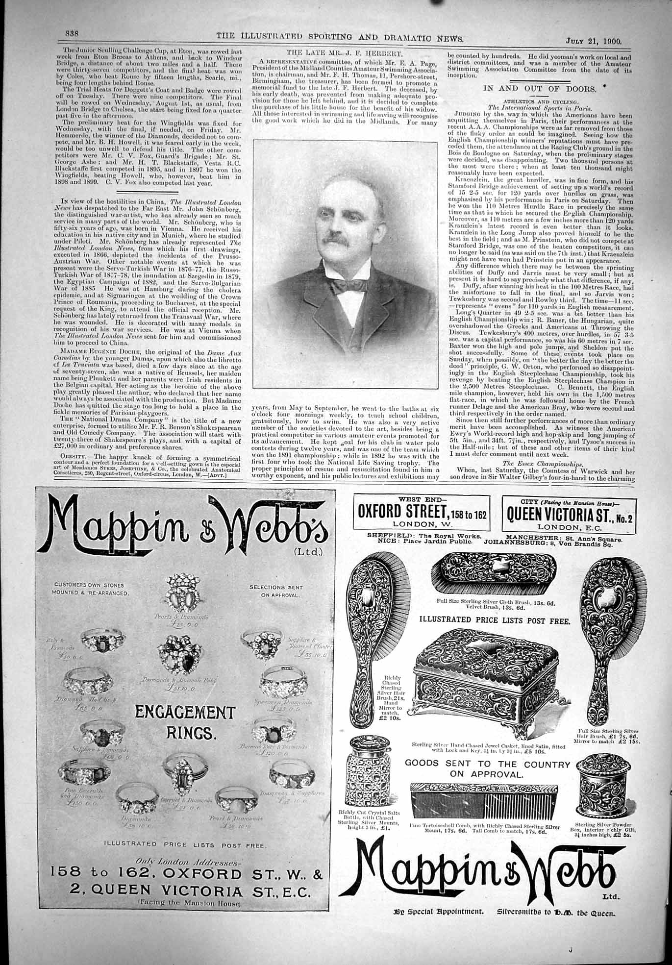 Old Print 1900 Sport Portrait Herbert Swimming Advertisement Mappin Webb 20th