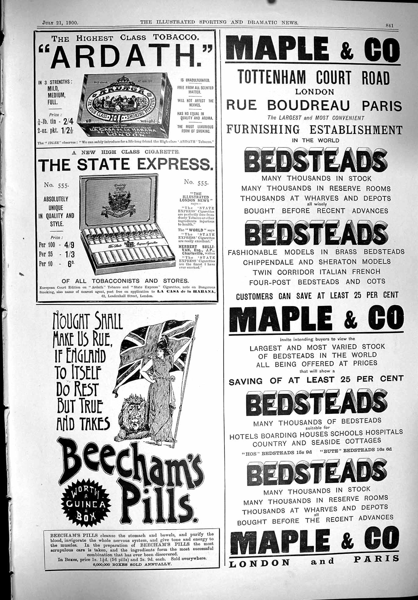 Antique Print 1900 Ardath Express Cigarettes Maple Furniture Beechams Pills