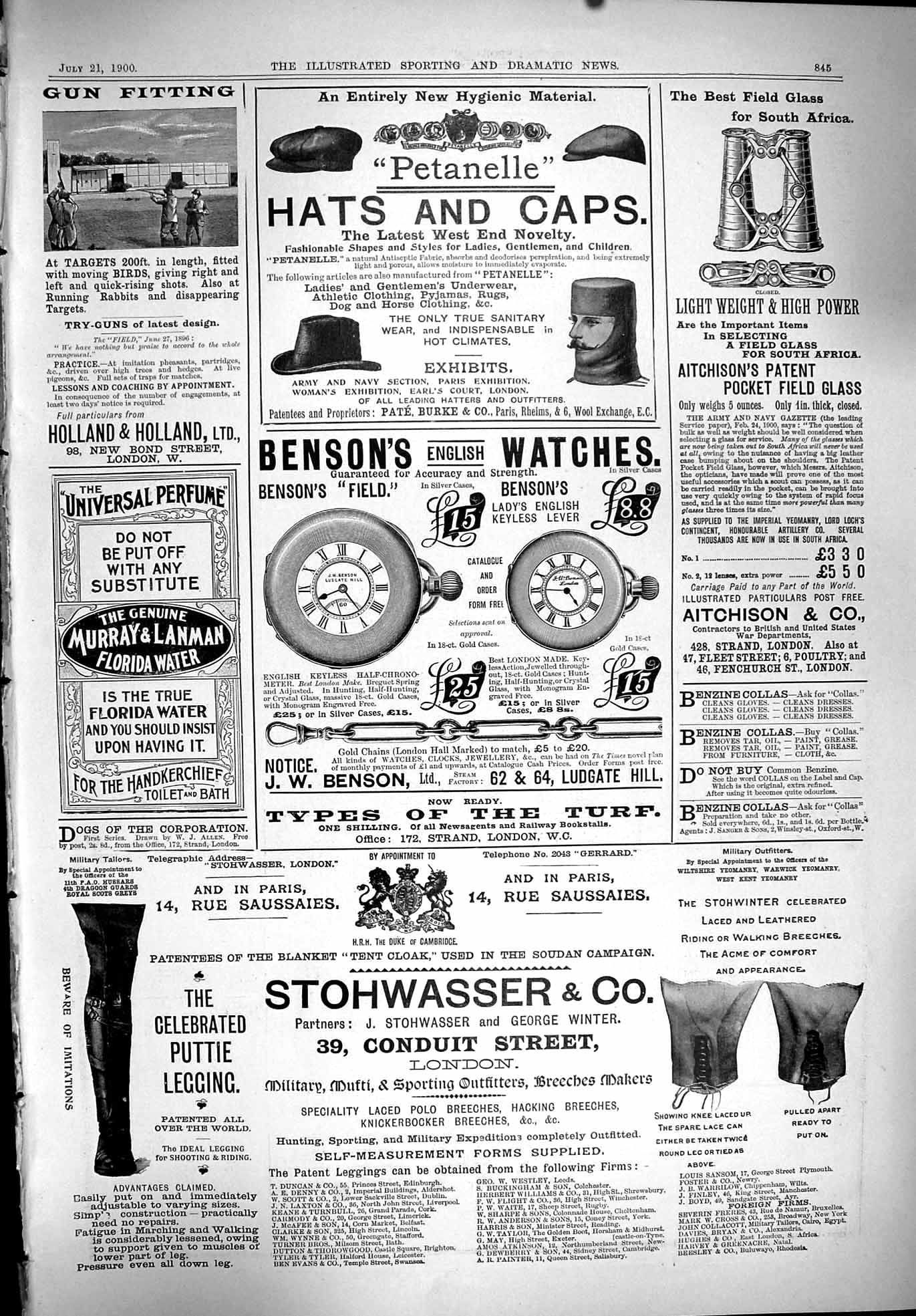Old Print 1900 Petanelle Hats Bensons Watches Stohwasser Aitchison Glass 20th