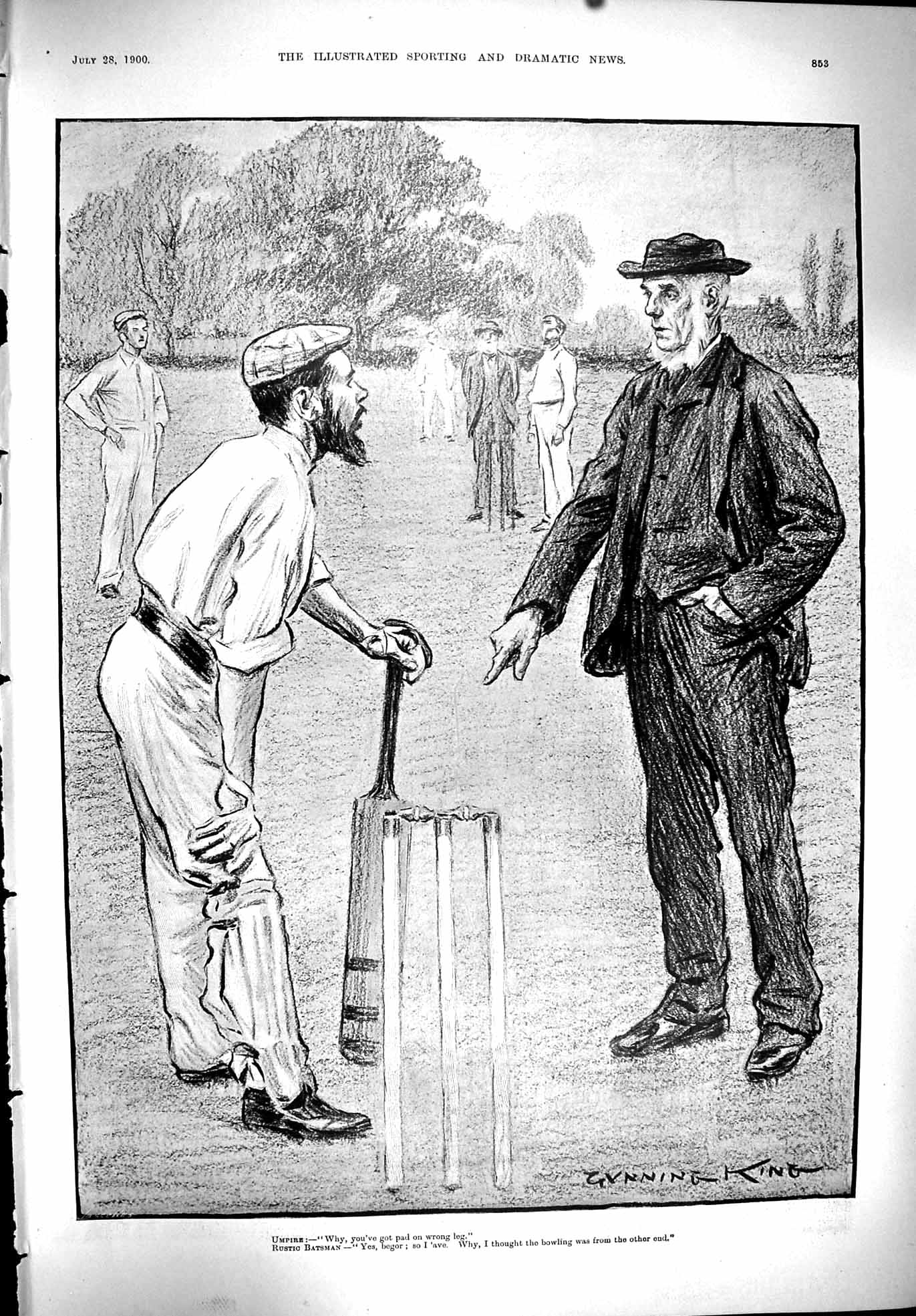 Old Print 1900 Sport Cricket Bat Stumps Umpire Batsman Disagreement King 20th