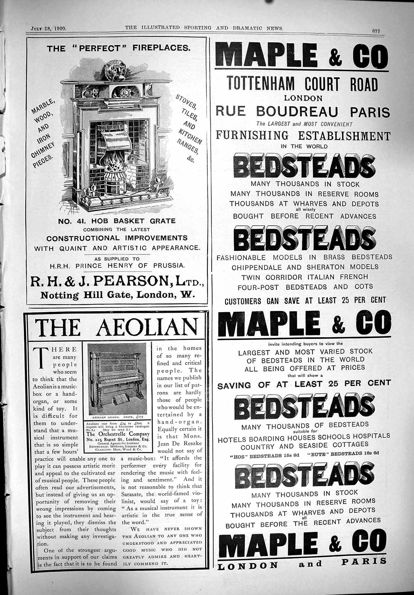 Antique Print 1900 Pearson Fireplaces Maple Tottenham Aeolian Orchestrelle 20th