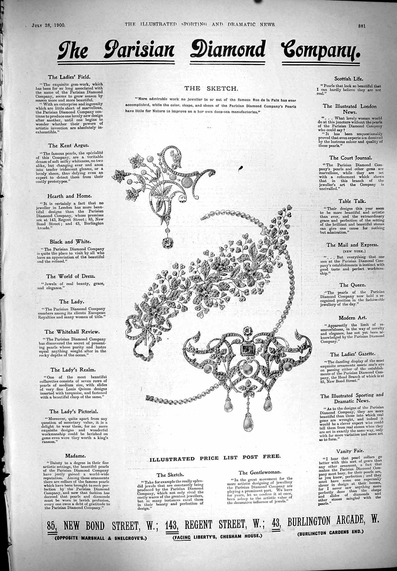 Old Print 1900 Parisian Diamond Company Jewellers Burlington Bond Street 20th