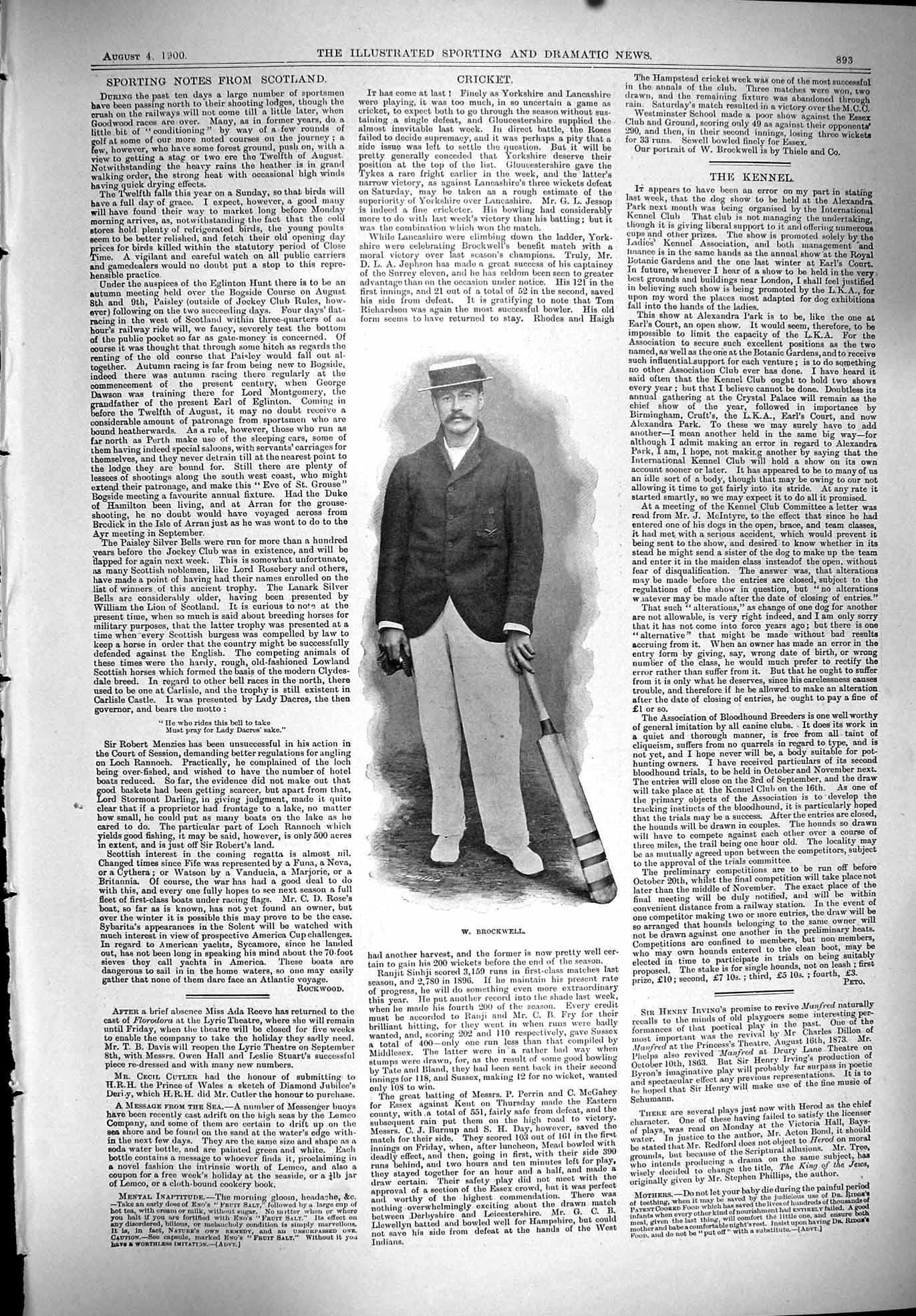 Original Old Antique Print Portrait Brockwell Cricket Batsman 1900 Sport 20th