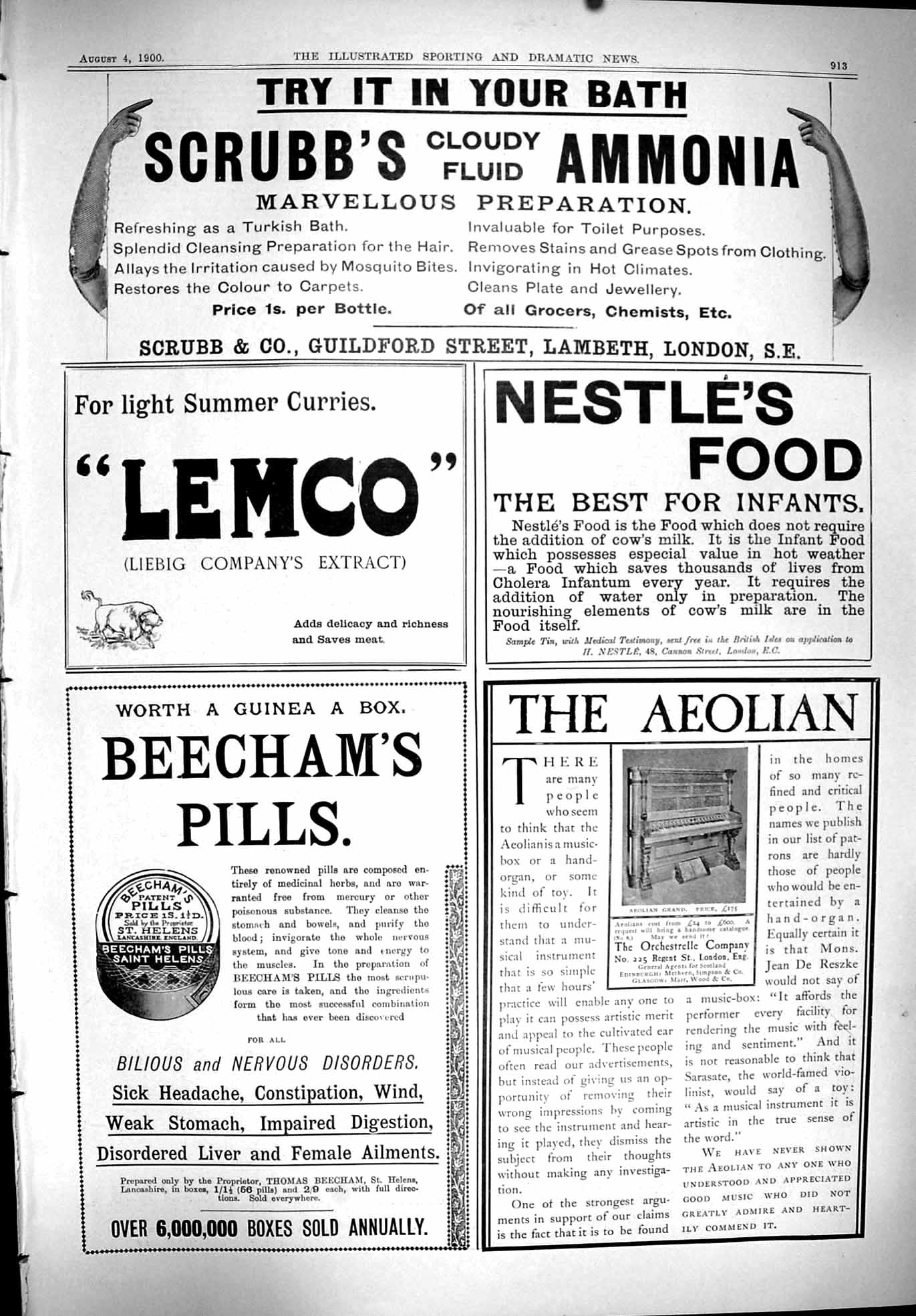 Old 1900 Scrubb'S Ammonia Lemco Nestle'S Food Aeolian Beechams Pills Victorian