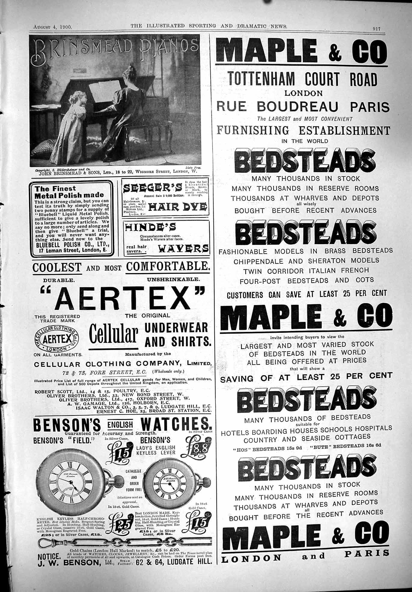 Antique Old Print 1900 Maple Brinsmead Pianos Aertex Clothing Bensons Watches