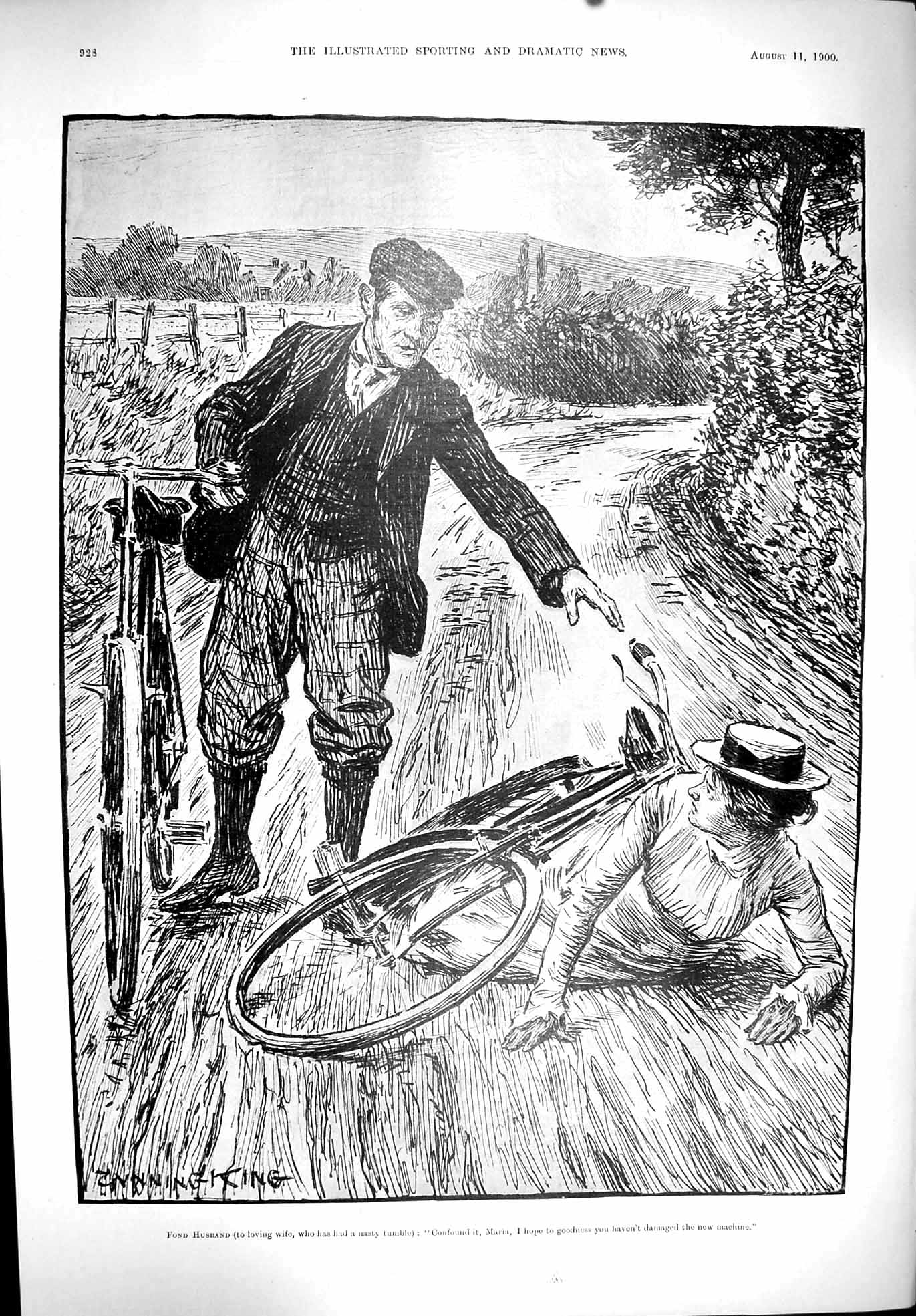 Original Old Antique Print 1900 King Man Lady Coutryside Bicycle Accident 20th