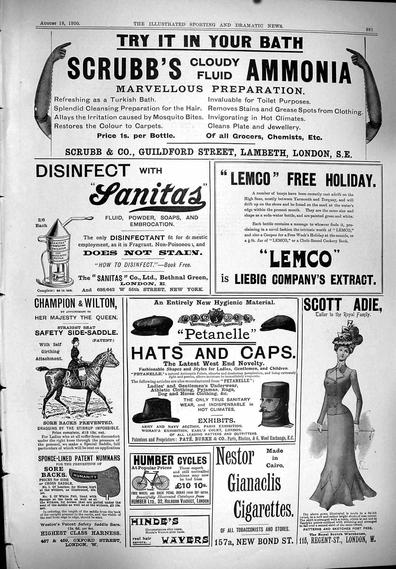 Old 1900 Scrubb'S Ammonia Sanitas Disinfectant Lemco Cigarettes Humbe Victorian