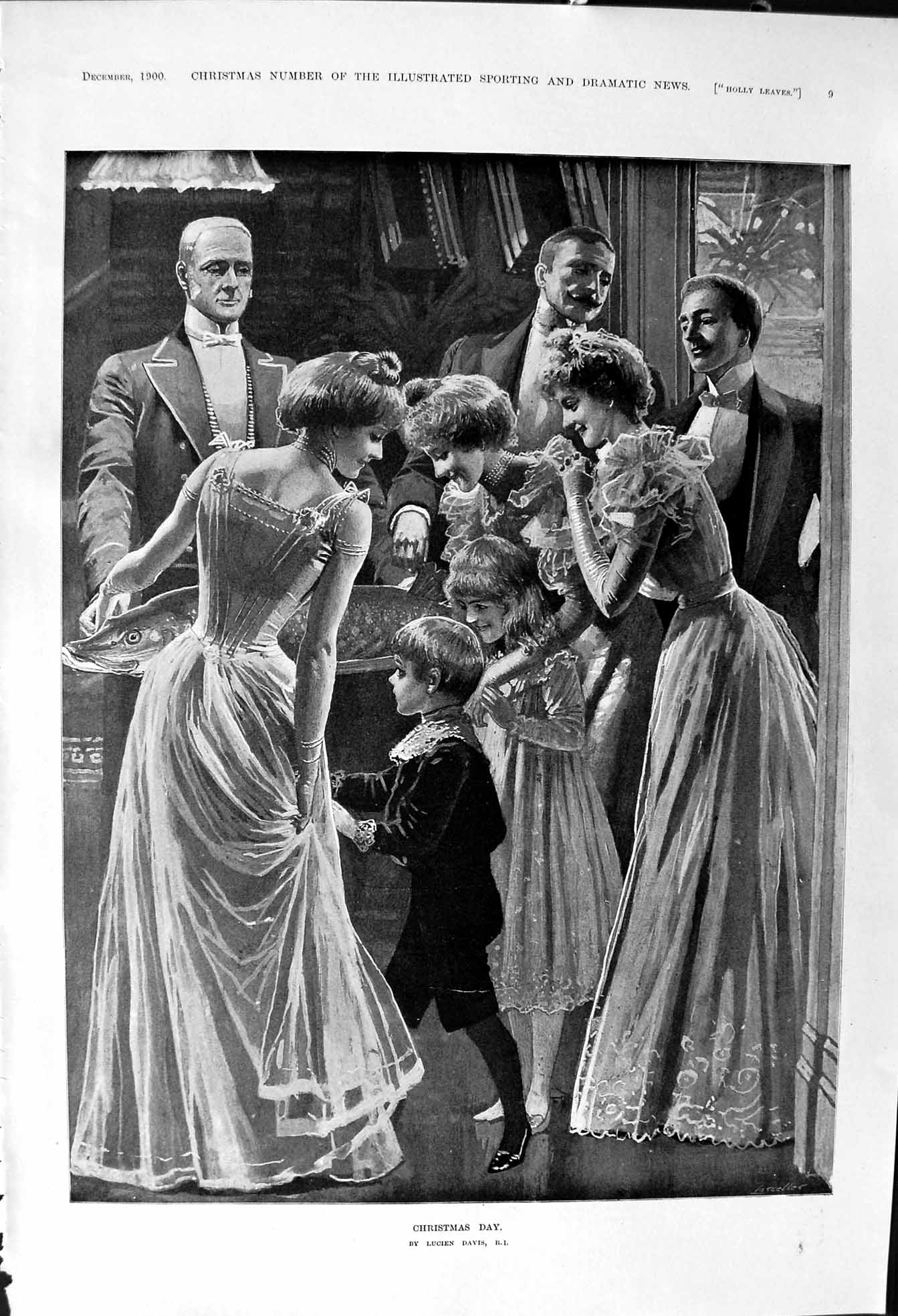 Old Antique Print 1900 Lucien Davis Christmas Day Scene Family Children 20th