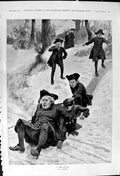 Original Old Antique Print Forestier 1900 Man Children Falling Fun Snow 20th